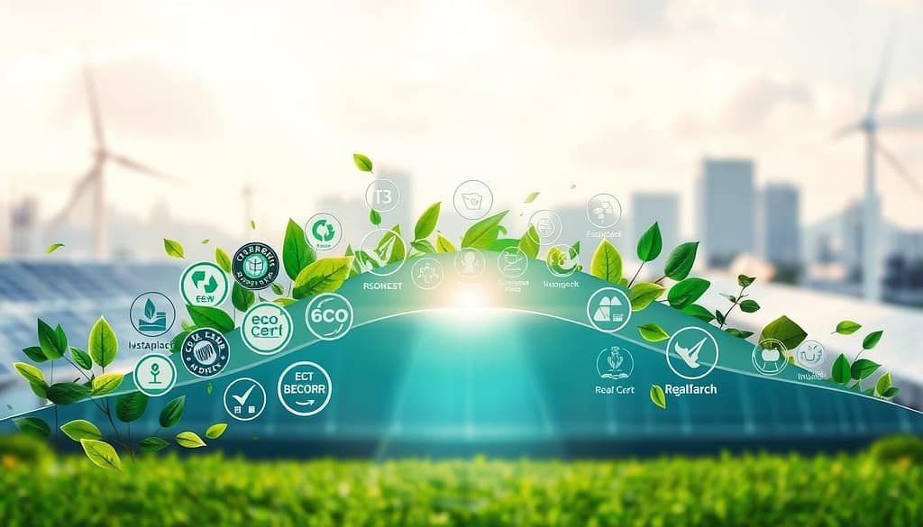 A visually striking illustration depicting the "Compliance Landscape" for eco-certifications and regulations in a stylized, abstract spectrum. In the foreground, display various eco-certification labels and symbols artistically intertwined with green leaves and sustainable icons, representing compliance. The middle ground should feature a clear spectrum or gradient, colored with shades of green, blue, and earth tones, symbolizing the various levels of compliance and regulatory frameworks. In the background, depict a blurred cityscape with solar panels and wind turbines, emphasizing sustainability. The lighting is bright and uplifting, with a soft glow emanating from the eco-certification symbols. The overall mood is optimistic and forward-thinking, showcasing the intricate relationship between compliance and sustainability in the sports equipment industry. A visually striking illustration depicting the "Compliance Landscape" for eco-certifications and regulations in a stylized, abstract spectrum. In the foreground, display various eco-certification labels and symbols artistically intertwined with green leaves and sustainable icons, representing compliance. The middle ground should feature a clear spectrum or gradient, colored with shades of green, blue, and earth tones, symbolizing the various levels of compliance and regulatory frameworks. In the background, depict a blurred cityscape with solar panels and wind turbines, emphasizing sustainability. The lighting is bright and uplifting, with a soft glow emanating from the eco-certification symbols. The overall mood is optimistic and forward-thinking, showcasing the intricate relationship between compliance and sustainability in the sports equipment industry.