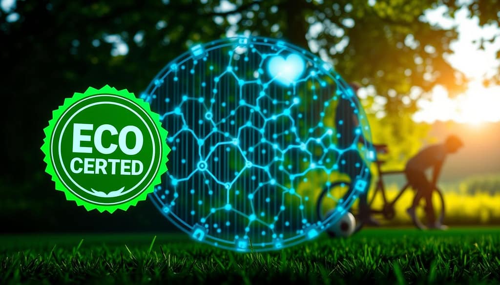 A visually striking representation of eco-certifications and a blockchain ledger for supply chain transparency. In the foreground, a vibrant eco-certification badge, glowing green, symbolizes sustainability. The middle layer showcases a digital blockchain ledger with interconnected links, illuminated by soft blue light, implying interconnectivity and security. The background includes silhouettes of sports equipment, like a bicycle and a soccer ball, subtly highlighted, flowing seamlessly into a lush natural landscape that suggests circularity. The lighting is bright and optimistic, evoking a sense of trust and innovation. Capture this scene using a wide-angle lens to give depth, maintaining a clean, modern aesthetic with no text or distractions to keep the focus on the themes of security and transparency by design. A visually striking representation of eco-certifications and a blockchain ledger for supply chain transparency. In the foreground, a vibrant eco-certification badge, glowing green, symbolizes sustainability. The middle layer showcases a digital blockchain ledger with interconnected links, illuminated by soft blue light, implying interconnectivity and security. The background includes silhouettes of sports equipment, like a bicycle and a soccer ball, subtly highlighted, flowing seamlessly into a lush natural landscape that suggests circularity. The lighting is bright and optimistic, evoking a sense of trust and innovation. Capture this scene using a wide-angle lens to give depth, maintaining a clean, modern aesthetic with no text or distractions to keep the focus on the themes of security and transparency by design.