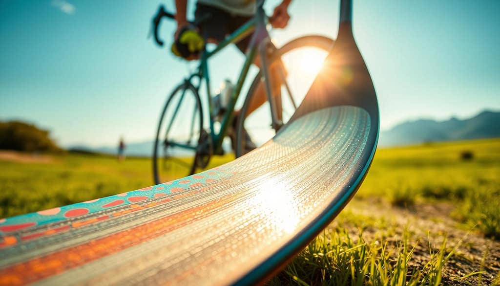 A close-up view of bio-based composite materials in sports equipment, prominently featuring a pair of skis crafted from eco-friendly materials, a bicycle frame with sleek lines made from sustainable composites, and a paddle showcasing its innovative design. The foreground displays intricate textures and colors of the materials, reflecting a vibrant natural aesthetic. In the middle ground, sunlight glints off the surfaces, highlighting the craftsmanship and modern design. The background features a blurred outdoor sports setting, with soft green hues and distant mountains under a clear blue sky, evoking a sense of adventure and sustainability. The overall atmosphere is inspiring and forward-looking, with natural lighting emphasizing the eco-friendly narrative. Use a wide-angle lens to capture the details and depth of the scene. A close-up view of bio-based composite materials in sports equipment, prominently featuring a pair of skis crafted from eco-friendly materials, a bicycle frame with sleek lines made from sustainable composites, and a paddle showcasing its innovative design. The foreground displays intricate textures and colors of the materials, reflecting a vibrant natural aesthetic. In the middle ground, sunlight glints off the surfaces, highlighting the craftsmanship and modern design. The background features a blurred outdoor sports setting, with soft green hues and distant mountains under a clear blue sky, evoking a sense of adventure and sustainability. The overall atmosphere is inspiring and forward-looking, with natural lighting emphasizing the eco-friendly narrative. Use a wide-angle lens to capture the details and depth of the scene.