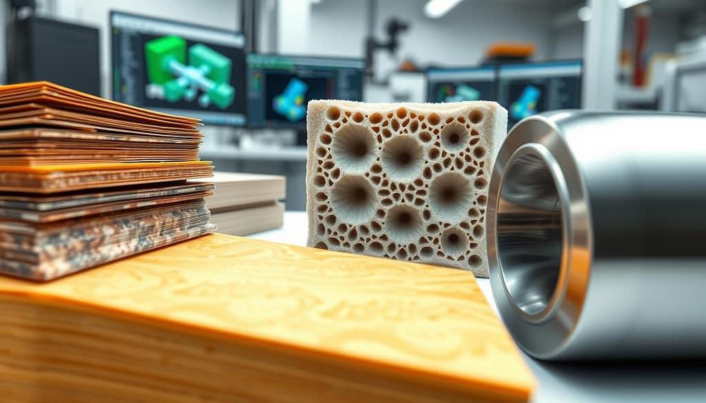 A detailed visualization of FEA material models, showcasing anisotropic laminates, foams, and metals. In the foreground, render complex laminate layers with varying textures and colors, highlighting their anisotropic properties. Transitioning to the middle ground, depict realistic foam structures with intricate internal cellular patterns, contrasted against sleek metallic surfaces that reflect light with a polished finish. In the background, incorporate a blurred engineering workspace featuring CAD screens and design tools. Use soft, diffused lighting to create a professional atmosphere, framing the image from a slightly elevated angle to emphasize the details of each material model. Focus on a clean and organized layout, conveying innovation and precision in materials engineering without any text or additional elements. A detailed visualization of FEA material models, showcasing anisotropic laminates, foams, and metals. In the foreground, render complex laminate layers with varying textures and colors, highlighting their anisotropic properties. Transitioning to the middle ground, depict realistic foam structures with intricate internal cellular patterns, contrasted against sleek metallic surfaces that reflect light with a polished finish. In the background, incorporate a blurred engineering workspace featuring CAD screens and design tools. Use soft, diffused lighting to create a professional atmosphere, framing the image from a slightly elevated angle to emphasize the details of each material model. Focus on a clean and organized layout, conveying innovation and precision in materials engineering without any text or additional elements.