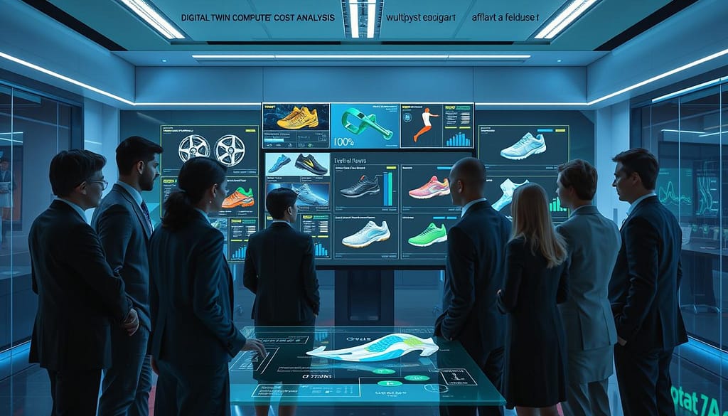 A futuristic digital workspace showcasing a "digital twin compute cost analysis" scenario. In the foreground, a diverse team of professionals in smart business attire is gathered around a large interactive digital display, analyzing data visualizations and graphs related to costs and ROI in sports equipment design. The middle ground features screens displaying complex simulation results and 3D models of sports gear, emphasizing the integration of multiphysics simulation and field data. The background reveals a modern office with sleek design elements and ambient lighting that evokes a technologically advanced atmosphere. Soft blue and green tones dominate the palette, conveying a sense of innovation and collaboration. The overall mood is professional and focused, with a hint of excitement about the future of sports technology. A futuristic digital workspace showcasing a "digital twin compute cost analysis" scenario. In the foreground, a diverse team of professionals in smart business attire is gathered around a large interactive digital display, analyzing data visualizations and graphs related to costs and ROI in sports equipment design. The middle ground features screens displaying complex simulation results and 3D models of sports gear, emphasizing the integration of multiphysics simulation and field data. The background reveals a modern office with sleek design elements and ambient lighting that evokes a technologically advanced atmosphere. Soft blue and green tones dominate the palette, conveying a sense of innovation and collaboration. The overall mood is professional and focused, with a hint of excitement about the future of sports technology.