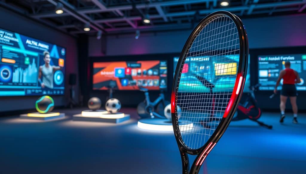 A futuristic sports equipment showcase set in a modern, well-lit exhibition space. In the foreground, a sleek, innovative smart tennis racket with integrated sensors and a shimmering touchscreen interface glows softly, displaying metrics like swing speed and angle. In the middle ground, an array of sports gear, including a smart soccer ball, exercise bike, and wearable fitness trackers, are displayed on illuminated pedestals. The background features screens showcasing real-time data analytics and athlete performance stats, all under dynamic, colorful lighting that creates a high-tech atmosphere. The scene conveys a sense of advanced technology combined with athleticism, hinting at the future of smart sports equipment. A futuristic sports equipment showcase set in a modern, well-lit exhibition space. In the foreground, a sleek, innovative smart tennis racket with integrated sensors and a shimmering touchscreen interface glows softly, displaying metrics like swing speed and angle. In the middle ground, an array of sports gear, including a smart soccer ball, exercise bike, and wearable fitness trackers, are displayed on illuminated pedestals. The background features screens showcasing real-time data analytics and athlete performance stats, all under dynamic, colorful lighting that creates a high-tech atmosphere. The scene conveys a sense of advanced technology combined with athleticism, hinting at the future of smart sports equipment.