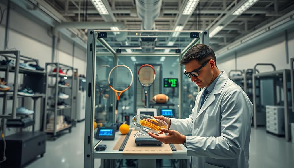 A high-tech sports equipment durability testing lab, centered around a transparent testing chamber showcasing advanced sports gear, such as high-performance sneakers, smart tennis rackets, and durable footballs. In the foreground, a professional engineer, dressed in a lab coat and safety goggles, inspects a sealed foot sensor, highlighting its waterproof integrity. The middle ground features various testing setups, including devices for impact resistance and sweat simulation, with digital readouts displaying sensor data. The background reveals a bright, well-lit lab with high ceilings and advanced machinery, creating a mood of innovation and professionalism. Soft, diffused lighting enhances details, while a slight focus blur on the background adds depth. A wide-angle perspective captures the comprehensive testing environment, emphasizing the emphasis on survivability. A high-tech sports equipment durability testing lab, centered around a transparent testing chamber showcasing advanced sports gear, such as high-performance sneakers, smart tennis rackets, and durable footballs. In the foreground, a professional engineer, dressed in a lab coat and safety goggles, inspects a sealed foot sensor, highlighting its waterproof integrity. The middle ground features various testing setups, including devices for impact resistance and sweat simulation, with digital readouts displaying sensor data. The background reveals a bright, well-lit lab with high ceilings and advanced machinery, creating a mood of innovation and professionalism. Soft, diffused lighting enhances details, while a slight focus blur on the background adds depth. A wide-angle perspective captures the comprehensive testing environment, emphasizing the emphasis on survivability.