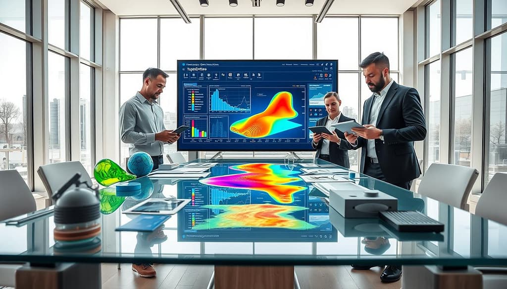 A sleek, modern workspace featuring a large, clear glass table at the forefront, covered with advanced engineering tools, 3D models, and optimization charts. In the middle ground, a dynamic digital display showcases a topology optimization simulation in vivid colors, illustrating material distribution for sports gear design. Engineers in professional attire—two men and one woman—are intently analyzing the data on tablets and discussing strategies. The background is filled with large windows allowing natural light to flood the room, enhancing the focus on the sophisticated software interface. The mood is collaborative and innovative, emphasizing a forward-thinking approach to cost modeling and design for manufacturing (DFM) in the sports industry. The scene is shot from a low angle to emphasize the technology, with crisp, bright lighting highlighting the details. A sleek, modern workspace featuring a large, clear glass table at the forefront, covered with advanced engineering tools, 3D models, and optimization charts. In the middle ground, a dynamic digital display showcases a topology optimization simulation in vivid colors, illustrating material distribution for sports gear design. Engineers in professional attire—two men and one woman—are intently analyzing the data on tablets and discussing strategies. The background is filled with large windows allowing natural light to flood the room, enhancing the focus on the sophisticated software interface. The mood is collaborative and innovative, emphasizing a forward-thinking approach to cost modeling and design for manufacturing (DFM) in the sports industry. The scene is shot from a low angle to emphasize the technology, with crisp, bright lighting highlighting the details.