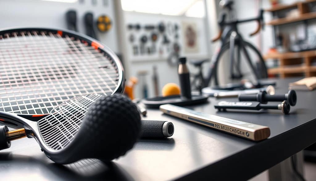 A close-up view of a high-performance racket, bat, and bike component arranged artistically on a sleek, modern workbench, showcasing innovative materials and structural damping features. The foreground highlights the intricate textures and layers of metamaterials used in each item, emphasizing their capabilities for vibration damping. The middle ground includes tools and prototypes, hinting at a design workshop atmosphere. In the background, a blurred glimpse of an aerodynamic lab with soft lighting creates an inspiring and tech-savvy ambiance. Use soft, diffused natural light to enhance detail and richness in the materials. The overall mood is one of innovation and precision, reflecting cutting-edge sports technology. A close-up view of a high-performance racket, bat, and bike component arranged artistically on a sleek, modern workbench, showcasing innovative materials and structural damping features. The foreground highlights the intricate textures and layers of metamaterials used in each item, emphasizing their capabilities for vibration damping. The middle ground includes tools and prototypes, hinting at a design workshop atmosphere. In the background, a blurred glimpse of an aerodynamic lab with soft lighting creates an inspiring and tech-savvy ambiance. Use soft, diffused natural light to enhance detail and richness in the materials. The overall mood is one of innovation and precision, reflecting cutting-edge sports technology.