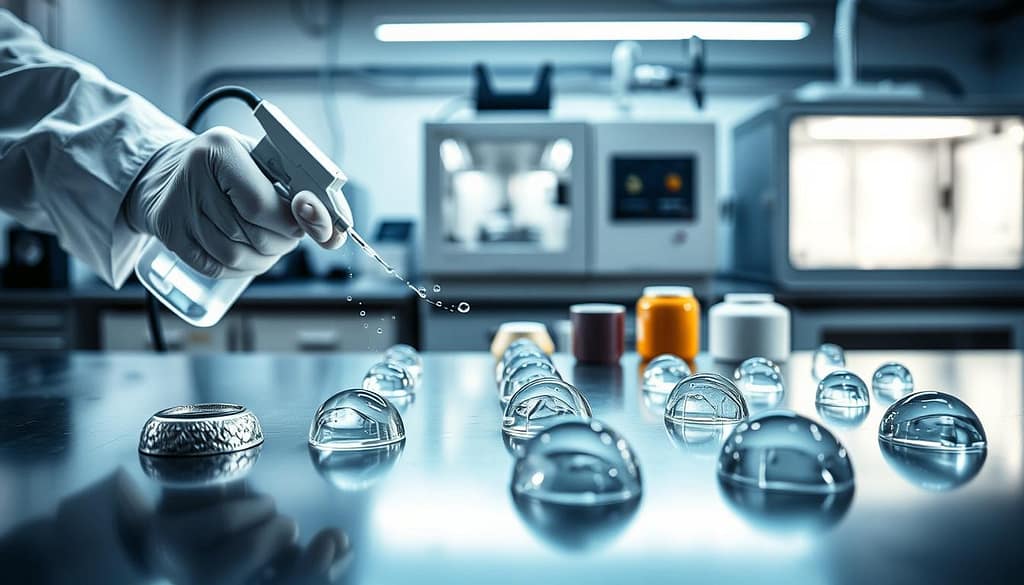A close-up view of a laboratory setting showcasing the application of superhydrophobic finishes on various materials. In the foreground, a technician in a lab coat is holding a spray gun, carefully applying a clear, beading liquid onto a metal surface. In the middle ground, several coated samples such as textiles, ceramics, and metals display their water-repellent properties, with water droplets forming perfectly spherical beads. The background consists of lab equipment, such as a sol-gel apparatus and PVD chamber, under soft, diffused lighting that emphasizes the sleek, modern atmosphere. The image should convey a sense of innovation and precision in the application methods like dip, spray, and advanced coatings technology, highlighting the cutting-edge nature of superhydrophobic finishes. A close-up view of a laboratory setting showcasing the application of superhydrophobic finishes on various materials. In the foreground, a technician in a lab coat is holding a spray gun, carefully applying a clear, beading liquid onto a metal surface. In the middle ground, several coated samples such as textiles, ceramics, and metals display their water-repellent properties, with water droplets forming perfectly spherical beads. The background consists of lab equipment, such as a sol-gel apparatus and PVD chamber, under soft, diffused lighting that emphasizes the sleek, modern atmosphere. The image should convey a sense of innovation and precision in the application methods like dip, spray, and advanced coatings technology, highlighting the cutting-edge nature of superhydrophobic finishes.