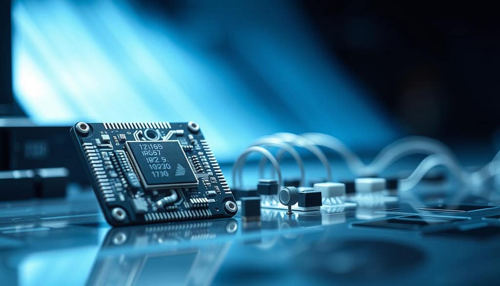 A detailed close-up of a mechanical integration power management IC, showcasing intricate circuit structures and precise soldering connections. The foreground features the IC prominently displayed on a polished surface with a subtle reflection, accentuating its sophisticated design. In the middle ground, delicate wires and components can be seen seamlessly integrated, emphasizing a harmonious blend of form and function. The background is softly blurred, highlighting the IC with a cool blue lighting that conveys a high-tech atmosphere. Use a macro lens perspective to capture the minute details, creating an impression of depth and complexity while maintaining a professional and clean aesthetic. A detailed close-up of a mechanical integration power management IC, showcasing intricate circuit structures and precise soldering connections. The foreground features the IC prominently displayed on a polished surface with a subtle reflection, accentuating its sophisticated design. In the middle ground, delicate wires and components can be seen seamlessly integrated, emphasizing a harmonious blend of form and function. The background is softly blurred, highlighting the IC with a cool blue lighting that conveys a high-tech atmosphere. Use a macro lens perspective to capture the minute details, creating an impression of depth and complexity while maintaining a professional and clean aesthetic.