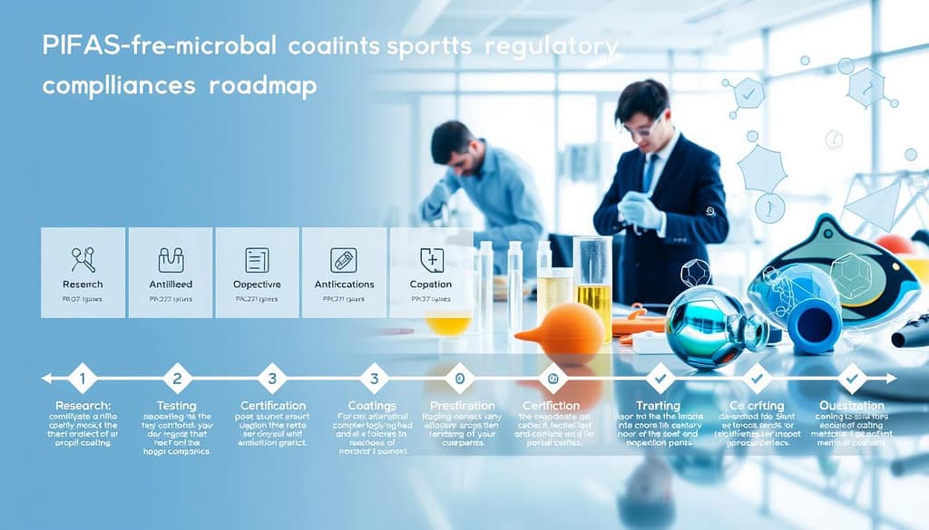 A detailed infographic illustrating a "PFAS-free antimicrobial coatings sports regulatory compliance roadmap." In the foreground, a sleek, professional diagram featuring various stages of the compliance process, such as research, testing, and certification, depicted with icons and arrows on a clear background. The middle ground shows a laboratory setting with scientists in professional business attire carefully analyzing samples of coatings, with clear test tubes and equipment around. The background includes abstract representations of sports gear, symbolizing the application of these coatings, surrounded by regulatory symbols like checkmarks and shields. The composition is well-lit, with bright and neutral tones to exude a professional atmosphere, aimed at conveying trust and safety in the industry's evolution. A detailed infographic illustrating a "PFAS-free antimicrobial coatings sports regulatory compliance roadmap." In the foreground, a sleek, professional diagram featuring various stages of the compliance process, such as research, testing, and certification, depicted with icons and arrows on a clear background. The middle ground shows a laboratory setting with scientists in professional business attire carefully analyzing samples of coatings, with clear test tubes and equipment around. The background includes abstract representations of sports gear, symbolizing the application of these coatings, surrounded by regulatory symbols like checkmarks and shields. The composition is well-lit, with bright and neutral tones to exude a professional atmosphere, aimed at conveying trust and safety in the industry's evolution.