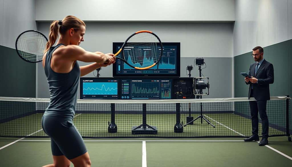 A dynamic sports validation scene showcasing an athlete testing a racket on a professional court. In the foreground, the athlete, dressed in a sleek athletic ensemble, is in mid-swing, with the racket visibly vibrating, demonstrating the effects of vibration damping technologies. The middle layer features a high-tech control panel displaying metrics and graphs related to the racket's performance, surrounded by equipment for blind A/B testing. In the background, an expert technician observes the test, using a tablet to record data. Soft, focused lighting highlights the athlete and equipment, casting gentle shadows, while a clean, modern environment evokes a sense of innovation and professionalism. The atmosphere is charged with energy and anticipation, emphasizing the importance of precise tuning and validation in sports equipment. A dynamic sports validation scene showcasing an athlete testing a racket on a professional court. In the foreground, the athlete, dressed in a sleek athletic ensemble, is in mid-swing, with the racket visibly vibrating, demonstrating the effects of vibration damping technologies. The middle layer features a high-tech control panel displaying metrics and graphs related to the racket's performance, surrounded by equipment for blind A/B testing. In the background, an expert technician observes the test, using a tablet to record data. Soft, focused lighting highlights the athlete and equipment, casting gentle shadows, while a clean, modern environment evokes a sense of innovation and professionalism. The atmosphere is charged with energy and anticipation, emphasizing the importance of precise tuning and validation in sports equipment.