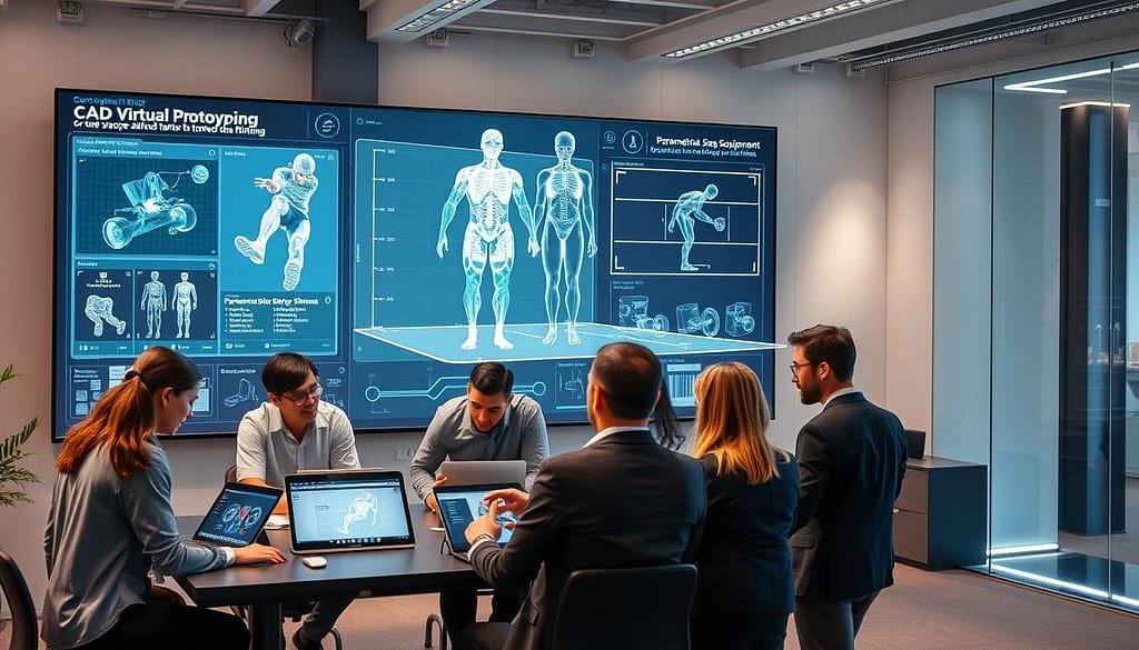 A high-tech digital workspace featuring a large display showing a CAD integration interface for virtual prototyping, with intricate 3D models of equipment tailored for precise fitting. In the foreground, a diverse group of professionals in smart casual attire, collaborating around a table with laptops and a digital tablet displaying 3D scans of body dimensions. The middle layer highlights a holographic projection of parametric sizing systems, illustrating dynamic adjustments to the equipment design based on real-time input. The background depicts a modern office environment with an emphasis on innovation and technology, illuminated by soft, ambient lighting to create a focused and inspiring atmosphere. Use a wide-angle lens to capture the collaborative interaction and the complexity of the digital interface. A high-tech digital workspace featuring a large display showing a CAD integration interface for virtual prototyping, with intricate 3D models of equipment tailored for precise fitting. In the foreground, a diverse group of professionals in smart casual attire, collaborating around a table with laptops and a digital tablet displaying 3D scans of body dimensions. The middle layer highlights a holographic projection of parametric sizing systems, illustrating dynamic adjustments to the equipment design based on real-time input. The background depicts a modern office environment with an emphasis on innovation and technology, illuminated by soft, ambient lighting to create a focused and inspiring atmosphere. Use a wide-angle lens to capture the collaborative interaction and the complexity of the digital interface.