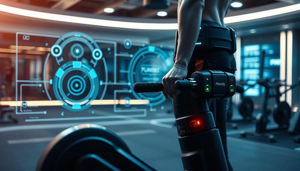 A cutting-edge intelligent sports gear control system design, prominently displayed in the foreground, featuring sleek, high-tech equipment with integrated sensors and feedback mechanisms. In the middle ground, abstract representations of feedback loops and adaptation algorithms visually illustrate dynamic interactions between the gear and athletic performance. The background showcases a futuristic gym environment, with soft, ambient lighting highlighting the advanced technology. A side view angle emphasizes the intricacies of the control mechanisms, while a cooler color palette conveys a sense of innovation and efficiency. The overall mood should be one of excitement and possibility, reflecting the transformative nature of smart sports equipment. A cutting-edge intelligent sports gear control system design, prominently displayed in the foreground, featuring sleek, high-tech equipment with integrated sensors and feedback mechanisms. In the middle ground, abstract representations of feedback loops and adaptation algorithms visually illustrate dynamic interactions between the gear and athletic performance. The background showcases a futuristic gym environment, with soft, ambient lighting highlighting the advanced technology. A side view angle emphasizes the intricacies of the control mechanisms, while a cooler color palette conveys a sense of innovation and efficiency. The overall mood should be one of excitement and possibility, reflecting the transformative nature of smart sports equipment.