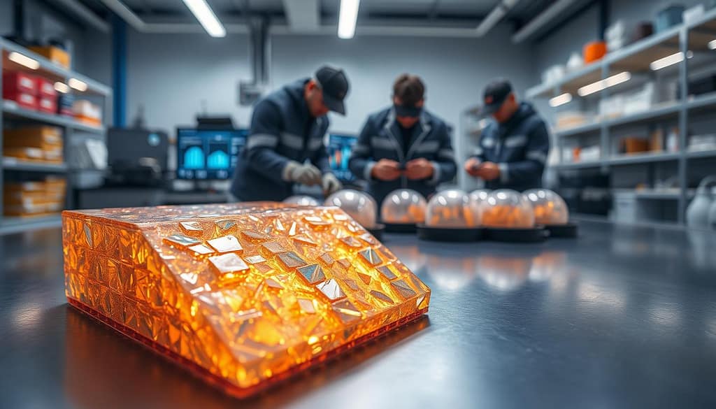 A detailed close-up of phase change materials being encapsulated in advanced sports equipment. In the foreground, an intricately designed composite material layer showcases the PCM, exhibiting a crystalline structure with iridescent hues reflecting different temperatures. The middle ground features skilled engineers in professional attire carefully loading the materials into encapsulating shells, surrounded by digital interfaces displaying thermal performance metrics. In the background, a modern laboratory setting illuminated by soft, diffused lighting creates an innovative atmosphere, with shelves filled with aerogels and scientific instruments. The composition employs a shallow depth of field to focus on the PCM encapsulation process, conveying a sense of precision and advanced technology in temperature regulation for sports gear. A detailed close-up of phase change materials being encapsulated in advanced sports equipment. In the foreground, an intricately designed composite material layer showcases the PCM, exhibiting a crystalline structure with iridescent hues reflecting different temperatures. The middle ground features skilled engineers in professional attire carefully loading the materials into encapsulating shells, surrounded by digital interfaces displaying thermal performance metrics. In the background, a modern laboratory setting illuminated by soft, diffused lighting creates an innovative atmosphere, with shelves filled with aerogels and scientific instruments. The composition employs a shallow depth of field to focus on the PCM encapsulation process, conveying a sense of precision and advanced technology in temperature regulation for sports gear.