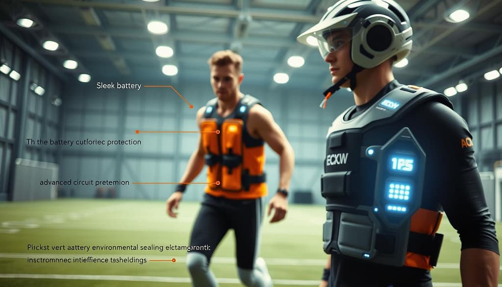 A detailed illustration of next-generation intelligent protective gear designed for athletes, showcasing seamless electronics integration. In the foreground, feature a close-up of a high-tech helmet with built-in sensors and LED indicators, highlighting the sleek battery placement and advanced circuit protection. The middle ground displays a dynamic athlete in professional athletic attire, wearing a smart vest that encapsulates environmental sealing and electromagnetic interference shielding technologies, in action on a training field. The background features a high-tech training facility with soft, focused lighting, giving an innovative and cutting-edge ambiance. Use a camera angle that emphasizes the gear’s unique features, creating a sense of depth and intrigue. The atmosphere should convey a blend of energy and safety, reflecting the future of sports technology. A detailed illustration of next-generation intelligent protective gear designed for athletes, showcasing seamless electronics integration. In the foreground, feature a close-up of a high-tech helmet with built-in sensors and LED indicators, highlighting the sleek battery placement and advanced circuit protection. The middle ground displays a dynamic athlete in professional athletic attire, wearing a smart vest that encapsulates environmental sealing and electromagnetic interference shielding technologies, in action on a training field. The background features a high-tech training facility with soft, focused lighting, giving an innovative and cutting-edge ambiance. Use a camera angle that emphasizes the gear’s unique features, creating a sense of depth and intrigue. The atmosphere should convey a blend of energy and safety, reflecting the future of sports technology.
