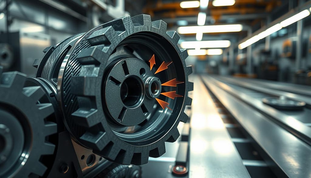 A detailed image of a sophisticated gear assembly prominently featuring elements of thermal conductivity and micro-ventilation. In the foreground, showcase a set of finely engineered gears made of a lightweight composite material, with intricate patterns that demonstrate thermal properties. In the middle ground, depict micro-ventilation features integrated into the gear design, highlighting airflow dynamics with subtle visual indicators like arrows or gradients. The background should illustrate a high-tech workshop environment with sleek lighting, casting soft reflections on metal surfaces, enhancing the mood of innovation and precision. Use a wide-angle perspective to emphasize depth, with a focus on the textures of the materials. The overall atmosphere should convey a sense of cutting-edge technology and advanced engineering. A detailed image of a sophisticated gear assembly prominently featuring elements of thermal conductivity and micro-ventilation. In the foreground, showcase a set of finely engineered gears made of a lightweight composite material, with intricate patterns that demonstrate thermal properties. In the middle ground, depict micro-ventilation features integrated into the gear design, highlighting airflow dynamics with subtle visual indicators like arrows or gradients. The background should illustrate a high-tech workshop environment with sleek lighting, casting soft reflections on metal surfaces, enhancing the mood of innovation and precision. Use a wide-angle perspective to emphasize depth, with a focus on the textures of the materials. The overall atmosphere should convey a sense of cutting-edge technology and advanced engineering.