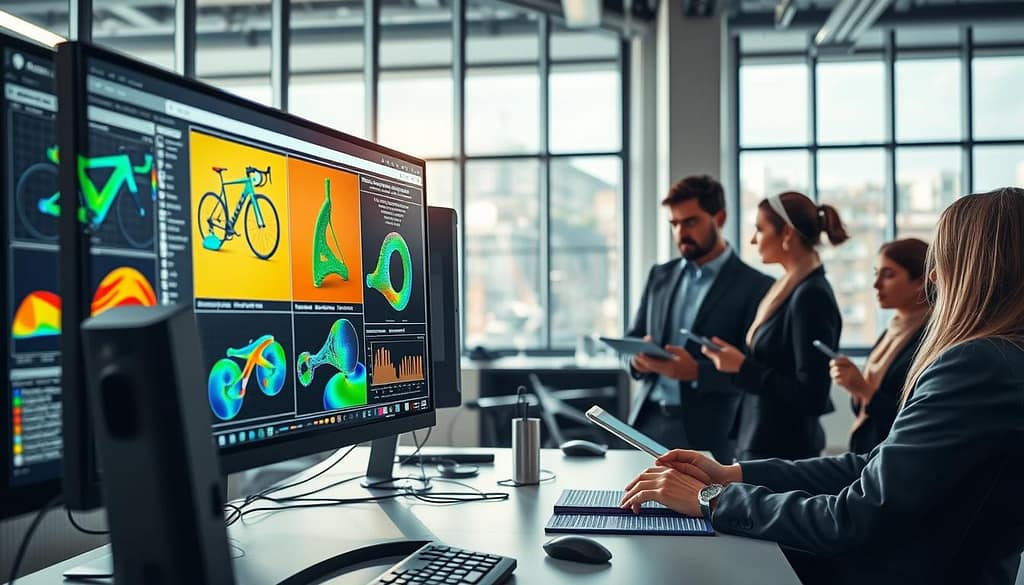 A detailed view of a high-tech workspace showcasing sports simulation software analyzing materials. In the foreground, a computer screen displays vibrant, colorful graphs and simulations related to finite element analysis, stress distribution, and fatigue prediction. The interface shows intricate 3D models of sports equipment like a bicycle frame and a tennis racket being tested for impact simulation. In the middle, engineers dressed in professional business attire are engaged in discussion, analyzing data with digital tablets. The background features large windows allowing natural light to flood in, illuminating the space with a clean, modern ambiance. The setting exudes a sense of innovation and collaboration, highlighting the advanced technology used in sports equipment engineering. Use a slight tilt-angle perspective to emphasize the engaging atmosphere of engineering excellence. A detailed view of a high-tech workspace showcasing sports simulation software analyzing materials. In the foreground, a computer screen displays vibrant, colorful graphs and simulations related to finite element analysis, stress distribution, and fatigue prediction. The interface shows intricate 3D models of sports equipment like a bicycle frame and a tennis racket being tested for impact simulation. In the middle, engineers dressed in professional business attire are engaged in discussion, analyzing data with digital tablets. The background features large windows allowing natural light to flood in, illuminating the space with a clean, modern ambiance. The setting exudes a sense of innovation and collaboration, highlighting the advanced technology used in sports equipment engineering. Use a slight tilt-angle perspective to emphasize the engaging atmosphere of engineering excellence.