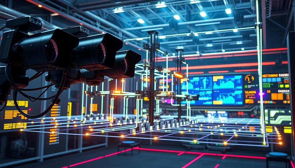 A detailed visualization of a motion capture system architecture, showcasing an intricate camera sensor network designed for athletic performance analysis. In the foreground, multiple professional-grade cameras with sleek lenses are strategically placed, capturing dynamic movements. The middle layer features an array of interconnected sensors, clearly highlighting their placement and orientation within the system. Data synchronization elements are depicted as glowing data streams, flowing seamlessly between the devices. The background showcases a digital processing pipeline with vibrant screens displaying real-time analytics and performance data. The lighting is bright and focused, creating a high-tech atmosphere with a sense of precision and innovation. The entire composition should evoke a feeling of professionalism and advanced technology, emphasizing the intricate details of the system's architecture. A detailed visualization of a motion capture system architecture, showcasing an intricate camera sensor network designed for athletic performance analysis. In the foreground, multiple professional-grade cameras with sleek lenses are strategically placed, capturing dynamic movements. The middle layer features an array of interconnected sensors, clearly highlighting their placement and orientation within the system. Data synchronization elements are depicted as glowing data streams, flowing seamlessly between the devices. The background showcases a digital processing pipeline with vibrant screens displaying real-time analytics and performance data. The lighting is bright and focused, creating a high-tech atmosphere with a sense of precision and innovation. The entire composition should evoke a feeling of professionalism and advanced technology, emphasizing the intricate details of the system's architecture.