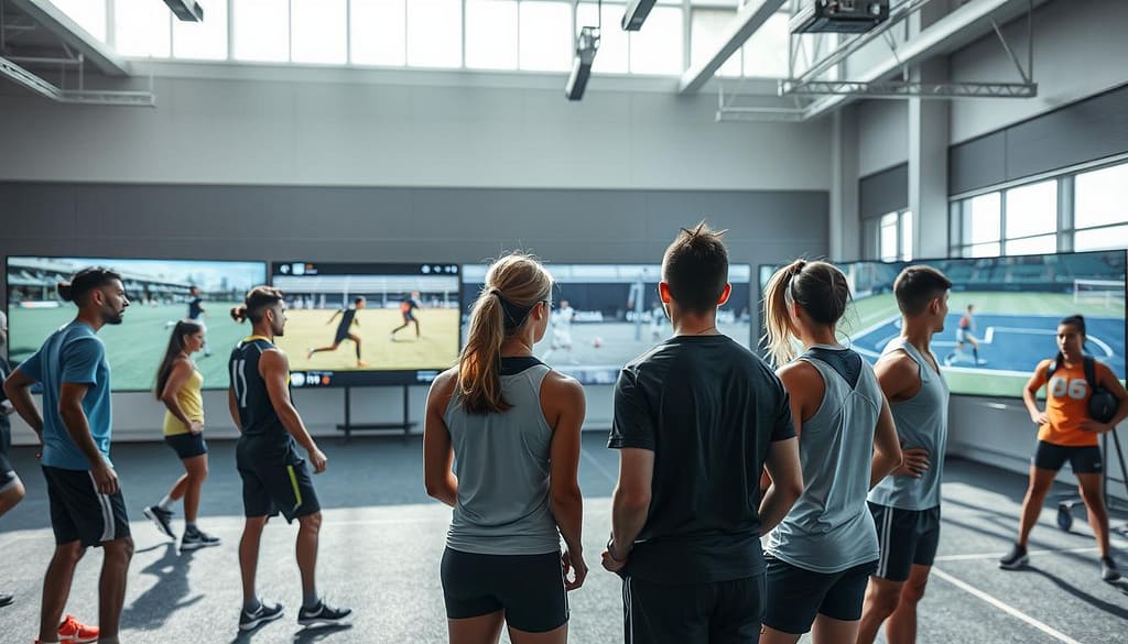 A dynamic scene capturing multiple sports video analysis applications focused on technique analysis, performance optimization, injury prevention, and training enhancement. In the foreground, a diverse group of athletes, dressed in professional athletic wear, is engaged with state-of-the-art motion analysis technology. The middle ground features large screens displaying synchronized video footage of athletes in action across various sports—soccer, basketball, and tennis—highlighting key performance metrics. The background portrays a high-tech training facility, illuminated by bright, natural light streaming through large windows, creating an inspiring and motivational atmosphere. The image has a sharp focus, achieved with a wide-angle lens, capturing the energy and innovation of advanced motion analysis systems in sports. A dynamic scene capturing multiple sports video analysis applications focused on technique analysis, performance optimization, injury prevention, and training enhancement. In the foreground, a diverse group of athletes, dressed in professional athletic wear, is engaged with state-of-the-art motion analysis technology. The middle ground features large screens displaying synchronized video footage of athletes in action across various sports—soccer, basketball, and tennis—highlighting key performance metrics. The background portrays a high-tech training facility, illuminated by bright, natural light streaming through large windows, creating an inspiring and motivational atmosphere. The image has a sharp focus, achieved with a wide-angle lens, capturing the energy and innovation of advanced motion analysis systems in sports.