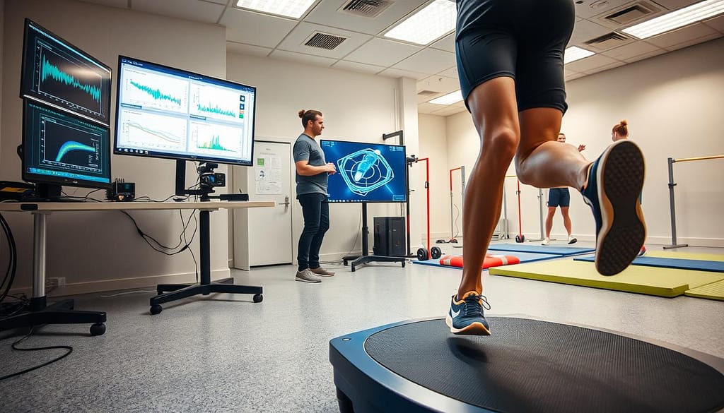 A dynamic scene of sport-specific biomechanical testing, featuring athletes in a high-tech laboratory environment. In the foreground, focus on a runner in professional athletic gear, stepping onto a force plate, with motion capture markers on their body, showcasing their running stride. In the middle, capture a biomechanical engineer analyzing data on a computer screen filled with graphs and 3D models, while a high-speed camera records the runner’s movement. The background includes various stations for throwing analysis with athletes practicing shot-put mechanics and jumping techniques with mats and equipment. Use bright, clear lighting to enhance the lab's modern look, and an angle that emphasizes both the athlete and the technology. Convey an atmosphere of innovation and precision, highlighting the intersection of athletics and engineering. A dynamic scene of sport-specific biomechanical testing, featuring athletes in a high-tech laboratory environment. In the foreground, focus on a runner in professional athletic gear, stepping onto a force plate, with motion capture markers on their body, showcasing their running stride. In the middle, capture a biomechanical engineer analyzing data on a computer screen filled with graphs and 3D models, while a high-speed camera records the runner’s movement. The background includes various stations for throwing analysis with athletes practicing shot-put mechanics and jumping techniques with mats and equipment. Use bright, clear lighting to enhance the lab's modern look, and an angle that emphasizes both the athlete and the technology. Convey an atmosphere of innovation and precision, highlighting the intersection of athletics and engineering.
