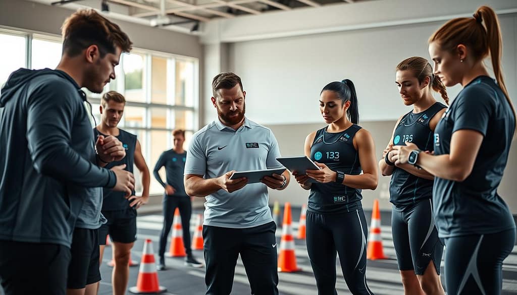 A dynamic scene showcasing an athletic training session focused on human factors integration for safety in sports. In the foreground, a diverse group of athletes is engaged in various training exercises while wearing modern, professional athletic gear. Each athlete is interacting with high-tech wearable devices that display real-time feedback. The middle layer features a trainer observing through a digital tablet, analyzing data on user behavior and safety compliance measures, surrounded by safety cones and mats. The background shows a modern training facility with natural light streaming through large windows, creating an inviting atmosphere. Soft shadows enhance the mood, reflecting a commitment to safety and error prevention. The composition captures the synergy between technology and human behavior in athletic safety systems. A dynamic scene showcasing an athletic training session focused on human factors integration for safety in sports. In the foreground, a diverse group of athletes is engaged in various training exercises while wearing modern, professional athletic gear. Each athlete is interacting with high-tech wearable devices that display real-time feedback. The middle layer features a trainer observing through a digital tablet, analyzing data on user behavior and safety compliance measures, surrounded by safety cones and mats. The background shows a modern training facility with natural light streaming through large windows, creating an inviting atmosphere. Soft shadows enhance the mood, reflecting a commitment to safety and error prevention. The composition captures the synergy between technology and human behavior in athletic safety systems.