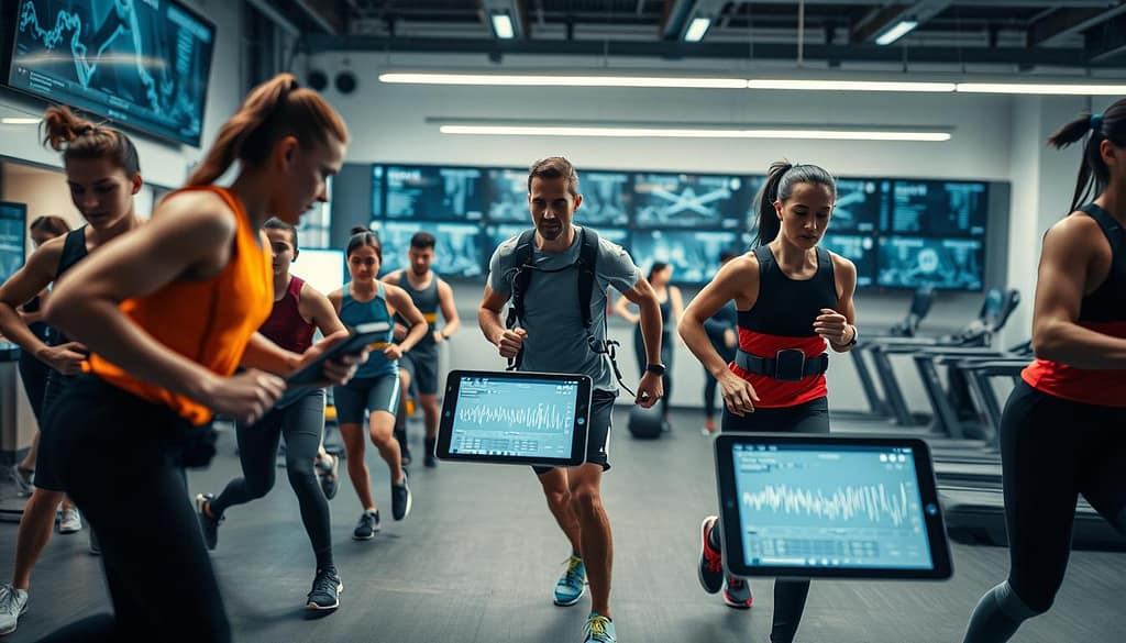 A dynamic scene showcasing the integration of sports biomechanics technology, focused on sensor synchronization and data fusion. In the foreground, a diverse group of athletes in professional athletic wear are engaged in various sports, their movements captured in sharp detail, emphasizing real-time processing. The middle layer features advanced biomechanical devices and sensors attached to the athletes—motion capture suits, wearable tech, and tablets displaying data analytics—illuminated by soft, high-tech lighting. The background presents a modern sports lab with screens and monitors displaying synchronized data streams, surrounded by equipment like treadmills and resistance machines. The mood is intense and focused, conveying dedication to athletic excellence and technology's role in enhancing human performance, shot from a slightly elevated angle to encapsulate both the athletes and the innovative environment. A dynamic scene showcasing the integration of sports biomechanics technology, focused on sensor synchronization and data fusion. In the foreground, a diverse group of athletes in professional athletic wear are engaged in various sports, their movements captured in sharp detail, emphasizing real-time processing. The middle layer features advanced biomechanical devices and sensors attached to the athletes—motion capture suits, wearable tech, and tablets displaying data analytics—illuminated by soft, high-tech lighting. The background presents a modern sports lab with screens and monitors displaying synchronized data streams, surrounded by equipment like treadmills and resistance machines. The mood is intense and focused, conveying dedication to athletic excellence and technology's role in enhancing human performance, shot from a slightly elevated angle to encapsulate both the athletes and the innovative environment.