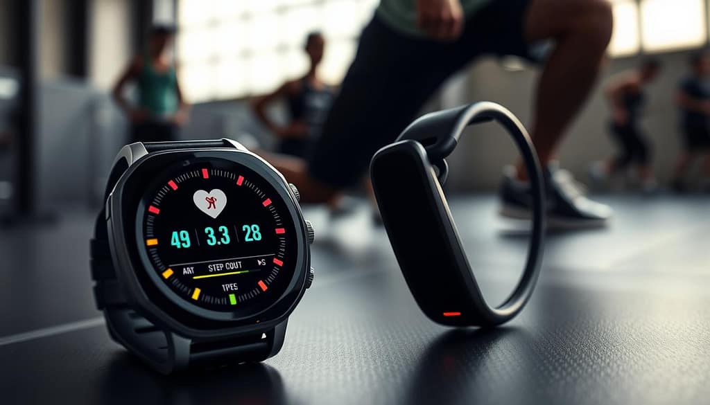 A dynamic sports monitoring device setup showcasing advanced wearable technology in action. In the foreground, a sleek smartwatch displays real-time data metrics, such as heart rate and step count, with a vivid, high-resolution interface. In the middle, a high-tech fitness tracker wraps around an athlete's wrist, emphasizing its ergonomic design and vibrant LED indicators. The background features an athletic environment, with blurred silhouettes of athletes training, highlighting energy and movement. Soft, diffused lighting creates a professional atmosphere, while a shallow depth of field draws focus to the devices. The overall mood conveys precision and innovation, embodying the theme of data quality and accuracy in athletic performance monitoring. A dynamic sports monitoring device setup showcasing advanced wearable technology in action. In the foreground, a sleek smartwatch displays real-time data metrics, such as heart rate and step count, with a vivid, high-resolution interface. In the middle, a high-tech fitness tracker wraps around an athlete's wrist, emphasizing its ergonomic design and vibrant LED indicators. The background features an athletic environment, with blurred silhouettes of athletes training, highlighting energy and movement. Soft, diffused lighting creates a professional atmosphere, while a shallow depth of field draws focus to the devices. The overall mood conveys precision and innovation, embodying the theme of data quality and accuracy in athletic performance monitoring.