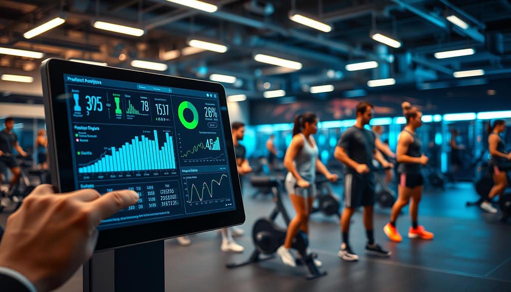 A dynamic visualization of predictive sports analytics data fusion. In the foreground, a sleek touchscreen interface displays various statistics and graphs, showcasing player performance metrics and injury prediction models, with detailed charts glowing in vibrant blues and greens. In the middle ground, multiple diverse athletes in professional sports gear engage with fitness equipment, depicting a collaborative environment frequently monitored by advanced AI-driven tools. In the background, a high-tech sports facility interior with ambient lighting creates a futuristic atmosphere. The scene is illuminated with soft, focused LED lights to emphasize the data visualizations, while the overall mood conveys innovation and forward-thinking, representing the importance of data collection strategies in sports analytics. A dynamic visualization of predictive sports analytics data fusion. In the foreground, a sleek touchscreen interface displays various statistics and graphs, showcasing player performance metrics and injury prediction models, with detailed charts glowing in vibrant blues and greens. In the middle ground, multiple diverse athletes in professional sports gear engage with fitness equipment, depicting a collaborative environment frequently monitored by advanced AI-driven tools. In the background, a high-tech sports facility interior with ambient lighting creates a futuristic atmosphere. The scene is illuminated with soft, focused LED lights to emphasize the data visualizations, while the overall mood conveys innovation and forward-thinking, representing the importance of data collection strategies in sports analytics.