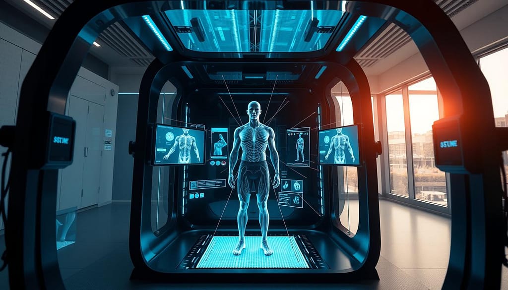 A futuristic 3D body scanning setup in a modern sports lab. In the foreground, a professional model wearing athletic attire stands within a high-tech scanning booth, surrounded by advanced scanning equipment with visible laser beams mapping their body. In the middle, several digital displays showcase real-time data and 3D models of body measurements. The background features sleek design elements, such as large windows letting in soft, natural light, enhancing the clean, high-tech atmosphere. The scene conveys a mood of innovation and precision, emphasizing the integration of technology in sports for custom athletic fit. The shooting angle is slightly elevated, highlighting both the scanning process and the attention to ergonomic design. A futuristic 3D body scanning setup in a modern sports lab. In the foreground, a professional model wearing athletic attire stands within a high-tech scanning booth, surrounded by advanced scanning equipment with visible laser beams mapping their body. In the middle, several digital displays showcase real-time data and 3D models of body measurements. The background features sleek design elements, such as large windows letting in soft, natural light, enhancing the clean, high-tech atmosphere. The scene conveys a mood of innovation and precision, emphasizing the integration of technology in sports for custom athletic fit. The shooting angle is slightly elevated, highlighting both the scanning process and the attention to ergonomic design.