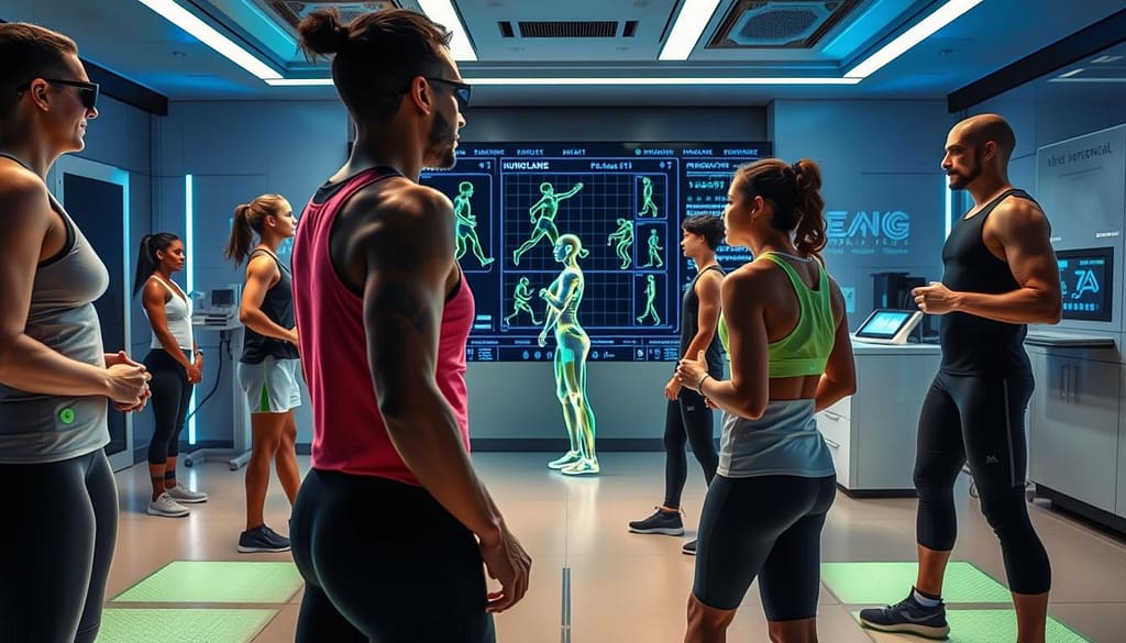 A futuristic biomechanical analysis laboratory showcasing advanced gait analysis technology. In the foreground, a diverse group of athletes in professional athletic gear is being analyzed through smart sensors and wearable tech, which provide real-time feedback. The middle ground features a high-tech display screen showing dynamic visualizations of movement patterns and biomechanical data. The background includes sleek lab equipment and digital interfaces, accentuated by soft blue and green lighting to create an innovative atmosphere. The angle emphasizes the interaction between the athletes and the technology, highlighting technique correction and optimization. The overall mood is focused and cutting-edge, conveying the importance of smart technology in injury prevention. A futuristic biomechanical analysis laboratory showcasing advanced gait analysis technology. In the foreground, a diverse group of athletes in professional athletic gear is being analyzed through smart sensors and wearable tech, which provide real-time feedback. The middle ground features a high-tech display screen showing dynamic visualizations of movement patterns and biomechanical data. The background includes sleek lab equipment and digital interfaces, accentuated by soft blue and green lighting to create an innovative atmosphere. The angle emphasizes the interaction between the athletes and the technology, highlighting technique correction and optimization. The overall mood is focused and cutting-edge, conveying the importance of smart technology in injury prevention.