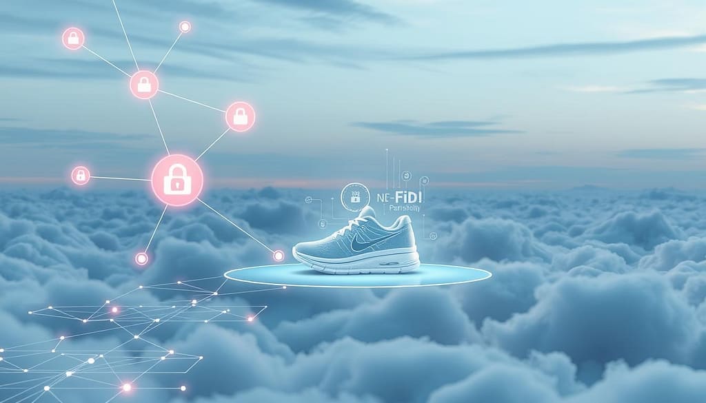 A futuristic cloud architecture environment illustrating the concept of permissioning for digital product passports. In the foreground, a sleek digital interface displays interconnected nodes representing product data flow, with glowing connections signifying secure access. The middle layer features an abstract representation of NFC/RFID technology encapsulated in modern sports gear, such as running shoes and protective equipment, showing data being transmitted. The background showcases a stylized cloud landscape with smooth, ethereal formations, illuminated by soft, ambient lighting. Use a wide-angle lens to capture depth, emphasizing both the technological sophistication and the seamless integration of data and products. The mood is innovative and secure, evoking a sense of trust and advanced technology in product authentication. A futuristic cloud architecture environment illustrating the concept of permissioning for digital product passports. In the foreground, a sleek digital interface displays interconnected nodes representing product data flow, with glowing connections signifying secure access. The middle layer features an abstract representation of NFC/RFID technology encapsulated in modern sports gear, such as running shoes and protective equipment, showing data being transmitted. The background showcases a stylized cloud landscape with smooth, ethereal formations, illuminated by soft, ambient lighting. Use a wide-angle lens to capture depth, emphasizing both the technological sophistication and the seamless integration of data and products. The mood is innovative and secure, evoking a sense of trust and advanced technology in product authentication.