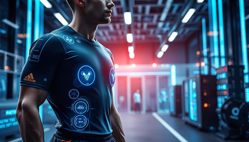 A futuristic scene showcasing advanced sensor technologies in athletic performance wearables. In the foreground, depict a professional athlete wearing a sleek, high-tech shirt and shorts embedded with multi-parameter sensors for comprehensive body monitoring. The wearables gleam with integrated displays showing real-time data analytics on metrics like heart rate and motion. In the middle ground, a cutting-edge training facility can be seen, illuminated by dynamic, cool blue lighting that enhances the modern ambience. The background features high-tech equipment for real-time processing and wireless data transmission, creating an atmosphere of innovation and excellence. Use a wide-angle lens perspective to convey depth, and emphasize clarity and precision in the technology while maintaining a serious and inspiring mood. A futuristic scene showcasing advanced sensor technologies in athletic performance wearables. In the foreground, depict a professional athlete wearing a sleek, high-tech shirt and shorts embedded with multi-parameter sensors for comprehensive body monitoring. The wearables gleam with integrated displays showing real-time data analytics on metrics like heart rate and motion. In the middle ground, a cutting-edge training facility can be seen, illuminated by dynamic, cool blue lighting that enhances the modern ambience. The background features high-tech equipment for real-time processing and wireless data transmission, creating an atmosphere of innovation and excellence. Use a wide-angle lens perspective to convey depth, and emphasize clarity and precision in the technology while maintaining a serious and inspiring mood.