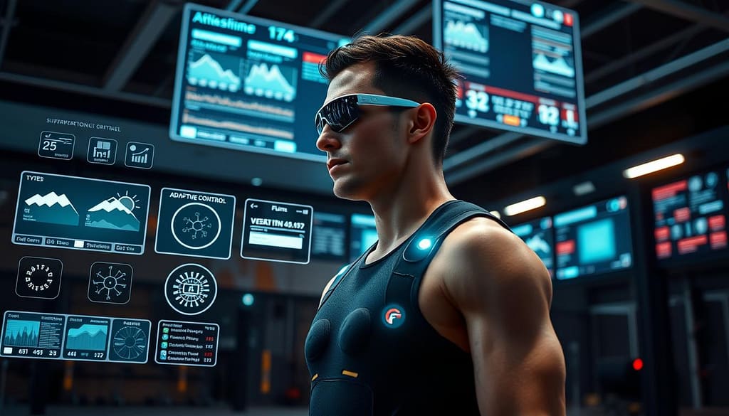 A futuristic sports technology scene showcasing an athlete in a professional athletic outfit utilizing advanced sensor integration systems. In the foreground, the athlete is wearing smart gear equipped with sleek sensors for performance monitoring. The middle ground features various environmental sensors analyzing weather and performance metrics, displaying dynamic data flows. In the background, a high-tech gym environment with illuminated screens presenting real-time user feedback and adaptive control analytics. Soft, ambient lighting enhances the modern feel, with a low-angle view that emphasizes the athlete's determination and the sophistication of the technology. The overall atmosphere is one of innovation and focus, emphasizing the synergy between sports performance and technology. A futuristic sports technology scene showcasing an athlete in a professional athletic outfit utilizing advanced sensor integration systems. In the foreground, the athlete is wearing smart gear equipped with sleek sensors for performance monitoring. The middle ground features various environmental sensors analyzing weather and performance metrics, displaying dynamic data flows. In the background, a high-tech gym environment with illuminated screens presenting real-time user feedback and adaptive control analytics. Soft, ambient lighting enhances the modern feel, with a low-angle view that emphasizes the athlete's determination and the sophistication of the technology. The overall atmosphere is one of innovation and focus, emphasizing the synergy between sports performance and technology.