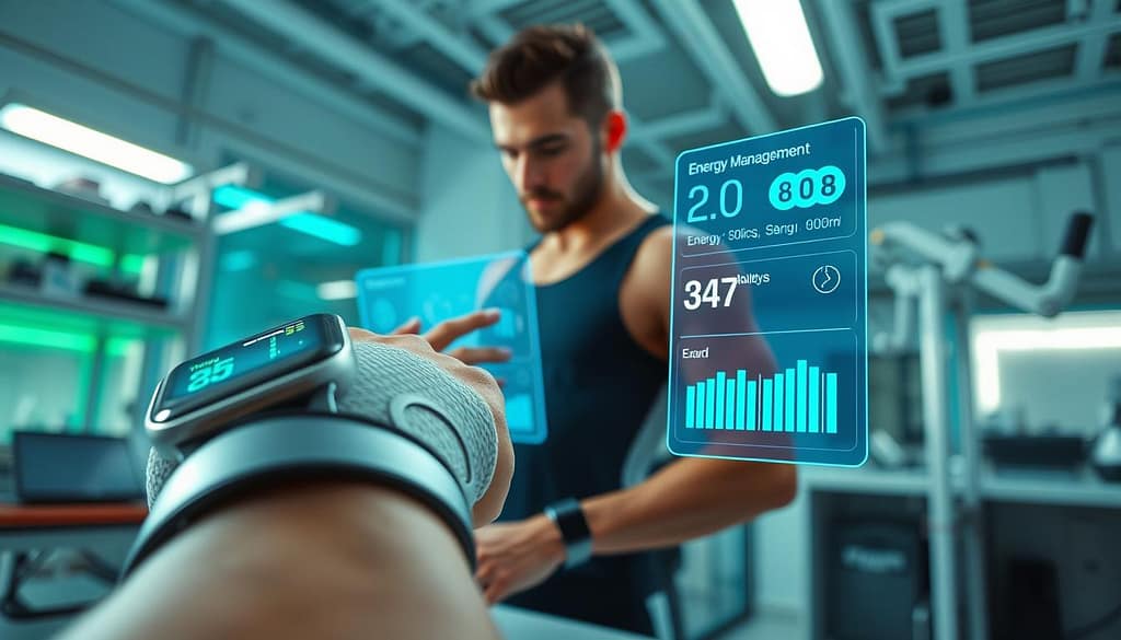 A futuristic workspace featuring an athlete engaging with advanced energy harvesting wearable technology. In the foreground, close-up of a sleek smartwatch and fitness tracker, both glowing softly with LED indicators showcasing energy levels. The middle ground features the athlete, dressed in professional athletic attire, interacting with a holographic interface displaying energy analytics and power management metrics. The background displays an innovative lab filled with high-tech equipment, complemented by soft blue and green lighting that creates a calm yet energetic atmosphere. The angle is slightly tilted to emphasize the dynamic interaction with the wearable tech, capturing the essence of innovation and athletic excellence. A futuristic workspace featuring an athlete engaging with advanced energy harvesting wearable technology. In the foreground, close-up of a sleek smartwatch and fitness tracker, both glowing softly with LED indicators showcasing energy levels. The middle ground features the athlete, dressed in professional athletic attire, interacting with a holographic interface displaying energy analytics and power management metrics. The background displays an innovative lab filled with high-tech equipment, complemented by soft blue and green lighting that creates a calm yet energetic atmosphere. The angle is slightly tilted to emphasize the dynamic interaction with the wearable tech, capturing the essence of innovation and athletic excellence.