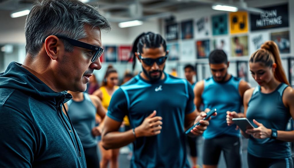 A high-tech athletic training environment featuring a diverse group of athletes engaged in real-time coaching integration. In the foreground, a focused coach wearing smart glasses interacts with an athlete wearing a sleek, advanced fitness tracker, displaying performance metrics. The middle ground shows additional athletes using wearable devices, analyzing live feedback on their performance via mobile screens. In the background, a bright, modern gym filled with advanced training equipment and motivational posters creates an energetic atmosphere. Use soft, diffused lighting to evoke a sense of focus and innovation, with a slight tilt-angle perspective to enhance the dynamism of the scene. The overall mood is one of motivation and technological advancement in athletic coaching. A high-tech athletic training environment featuring a diverse group of athletes engaged in real-time coaching integration. In the foreground, a focused coach wearing smart glasses interacts with an athlete wearing a sleek, advanced fitness tracker, displaying performance metrics. The middle ground shows additional athletes using wearable devices, analyzing live feedback on their performance via mobile screens. In the background, a bright, modern gym filled with advanced training equipment and motivational posters creates an energetic atmosphere. Use soft, diffused lighting to evoke a sense of focus and innovation, with a slight tilt-angle perspective to enhance the dynamism of the scene. The overall mood is one of motivation and technological advancement in athletic coaching.