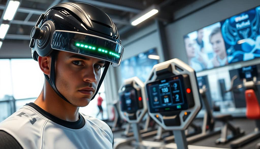 A high-tech athletic training facility showcasing smart helmets and intelligent padding. In the foreground, a professional athlete wears a sleek, futuristic helmet with integrated sensors and LED indicators, looking focused and determined. The middle ground features high-tech sports equipment like impact-detecting pads and a touchscreen interface displaying real-time data on impact force and safety metrics. In the background, a modern training environment filled with exercise machines and digital displays. Bright, focused lighting illuminates the scene, highlighting the shiny surfaces of the equipment. A dynamic angle from slightly below eye level emphasizes the advanced technology and the athlete's dedication. The overall mood is one of innovation and safety, underscoring the importance of cutting-edge technology in injury prevention. A high-tech athletic training facility showcasing smart helmets and intelligent padding. In the foreground, a professional athlete wears a sleek, futuristic helmet with integrated sensors and LED indicators, looking focused and determined. The middle ground features high-tech sports equipment like impact-detecting pads and a touchscreen interface displaying real-time data on impact force and safety metrics. In the background, a modern training environment filled with exercise machines and digital displays. Bright, focused lighting illuminates the scene, highlighting the shiny surfaces of the equipment. A dynamic angle from slightly below eye level emphasizes the advanced technology and the athlete's dedication. The overall mood is one of innovation and safety, underscoring the importance of cutting-edge technology in injury prevention.