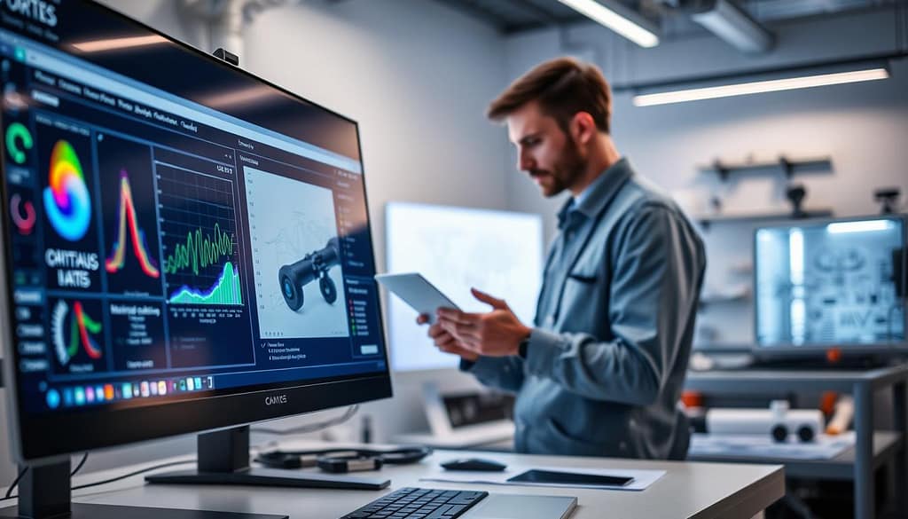 A high-tech sports engineering software interface displayed on a sleek computer screen in a modern design studio. In the foreground, a close-up of the software tools shows vibrant graphs and simulation models for performance optimization, material selection, and strength analysis. In the middle, an engineer in professional attire is analyzing data, with focus on design optimization and weight reduction techniques, surrounded by intricate CAD drawings and 3D models of sports equipment. The background features an illuminated workspace with advanced equipment and blueprints, creating a polished, innovative atmosphere. Soft, ambient lighting enhances the high-tech feel, while a slight depth of field gives the image a professional, sophisticated look. A high-tech sports engineering software interface displayed on a sleek computer screen in a modern design studio. In the foreground, a close-up of the software tools shows vibrant graphs and simulation models for performance optimization, material selection, and strength analysis. In the middle, an engineer in professional attire is analyzing data, with focus on design optimization and weight reduction techniques, surrounded by intricate CAD drawings and 3D models of sports equipment. The background features an illuminated workspace with advanced equipment and blueprints, creating a polished, innovative atmosphere. Soft, ambient lighting enhances the high-tech feel, while a slight depth of field gives the image a professional, sophisticated look.