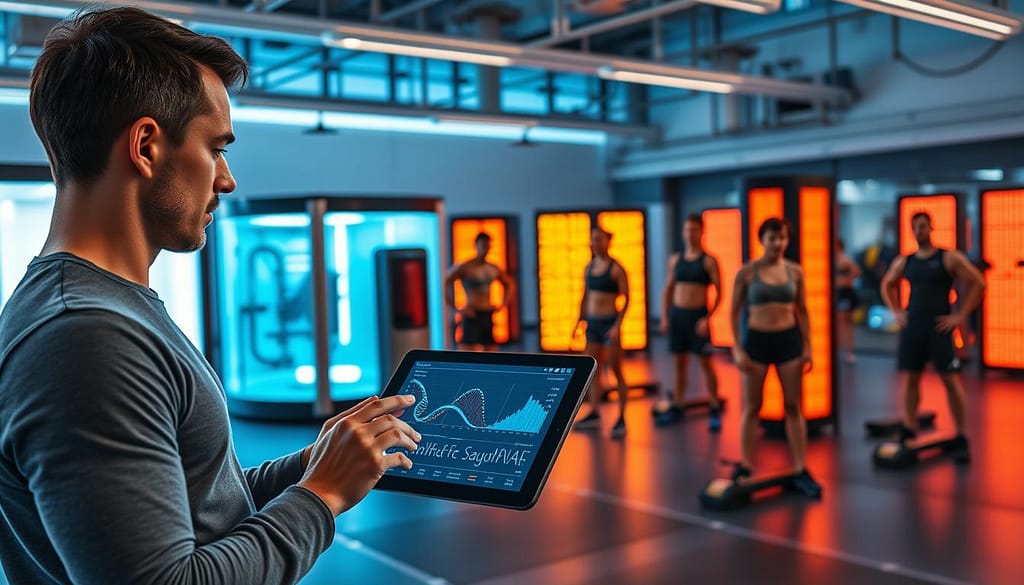 A highly detailed and modern scene showcasing personalized performance recovery systems in an athletic training facility. In the foreground, a professional athletic trainer in smart casual attire is analyzing data on a digital tablet, with visuals of DNA strands and graphs illustrating individual response patterns displayed on the screen. In the middle ground, various advanced recovery technologies, like cryotherapy chambers and infrared therapy panels, are artistically lit, emphasizing their sleek design. The background features a well-equipped gym with athletes engaged in recovery exercises, showcasing diverse individuals with various injury types. The overall lighting is bright and clinical, conveying a high-tech, innovative atmosphere, with a slight blue hue to suggest a focus on regeneration and science. A highly detailed and modern scene showcasing personalized performance recovery systems in an athletic training facility. In the foreground, a professional athletic trainer in smart casual attire is analyzing data on a digital tablet, with visuals of DNA strands and graphs illustrating individual response patterns displayed on the screen. In the middle ground, various advanced recovery technologies, like cryotherapy chambers and infrared therapy panels, are artistically lit, emphasizing their sleek design. The background features a well-equipped gym with athletes engaged in recovery exercises, showcasing diverse individuals with various injury types. The overall lighting is bright and clinical, conveying a high-tech, innovative atmosphere, with a slight blue hue to suggest a focus on regeneration and science.