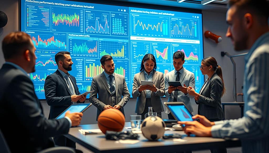 A modern, high-tech sports analytics lab showcasing the integration of machine learning applications in athletic performance. In the foreground, display a large screen with intricate visualizations of performance predictions, patterns, and anomalies using colorful graphs and charts. In the middle, depict a diverse group of professionals in business attire actively discussing data insights with tablets and laptops open, immersed in a collaborative atmosphere. The background should feature sleek, futuristic design elements, adorned with sports equipment like a basketball and soccer ball, to connect the technology to athletics. Use soft, ambient lighting to create a motivating and focused mood, with a slightly blurred depth of field to emphasize the team’s engagement with the data. A modern, high-tech sports analytics lab showcasing the integration of machine learning applications in athletic performance. In the foreground, display a large screen with intricate visualizations of performance predictions, patterns, and anomalies using colorful graphs and charts. In the middle, depict a diverse group of professionals in business attire actively discussing data insights with tablets and laptops open, immersed in a collaborative atmosphere. The background should feature sleek, futuristic design elements, adorned with sports equipment like a basketball and soccer ball, to connect the technology to athletics. Use soft, ambient lighting to create a motivating and focused mood, with a slightly blurred depth of field to emphasize the team’s engagement with the data.