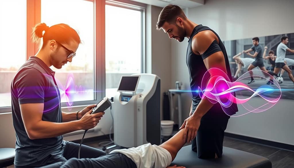 A modern sports medicine clinic showcasing technology-enhanced recovery techniques. In the foreground, a focused athletic therapist uses an ultrasound device on a professional athlete's leg, both dressed in smart, casual clothing. The therapist demonstrates precision while vibrant, abstract visualizations of electromagnetic waves and photobiomodulation effects subtly glow around the treatment area, emphasizing healing. In the middle, a laser therapy machine with a sleek design stands ready, surrounded by high-tech recovery equipment. In the background, large windows let in bright natural light, illuminating a clean, high-tech environment with motivational sports imagery on the walls. The atmosphere is calm yet energetic, reflecting a state-of-the-art approach to athletic recovery. A modern sports medicine clinic showcasing technology-enhanced recovery techniques. In the foreground, a focused athletic therapist uses an ultrasound device on a professional athlete's leg, both dressed in smart, casual clothing. The therapist demonstrates precision while vibrant, abstract visualizations of electromagnetic waves and photobiomodulation effects subtly glow around the treatment area, emphasizing healing. In the middle, a laser therapy machine with a sleek design stands ready, surrounded by high-tech recovery equipment. In the background, large windows let in bright natural light, illuminating a clean, high-tech environment with motivational sports imagery on the walls. The atmosphere is calm yet energetic, reflecting a state-of-the-art approach to athletic recovery.