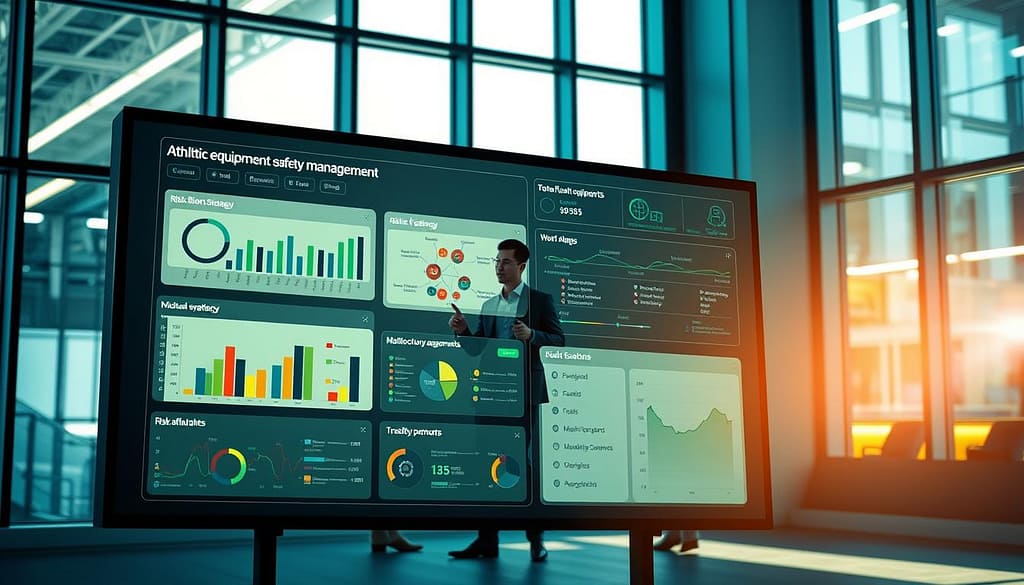 A modern sports risk assessment system displayed in a sleek, high-tech office environment. In the foreground, a large digital dashboard showcases real-time data about athletic equipment safety management, including risk identification charts, mitigation strategy flowcharts, and monitoring protocol summaries. The middle ground features professionals in business attire engaging in a discussion, with one pointing at the dashboard, illustrating collaborative risk evaluation. The background reveals large windows with a view of a sports facility, bathed in natural light, emphasizing transparency and openness. The atmosphere conveys a blend of urgency and professionalism, with cool blue and green tones to signify trust and safety. Captivating lighting highlights the dashboard, enhancing its modern aesthetic, while the overall composition reflects systematic and effective risk management in athletics. A modern sports risk assessment system displayed in a sleek, high-tech office environment. In the foreground, a large digital dashboard showcases real-time data about athletic equipment safety management, including risk identification charts, mitigation strategy flowcharts, and monitoring protocol summaries. The middle ground features professionals in business attire engaging in a discussion, with one pointing at the dashboard, illustrating collaborative risk evaluation. The background reveals large windows with a view of a sports facility, bathed in natural light, emphasizing transparency and openness. The atmosphere conveys a blend of urgency and professionalism, with cool blue and green tones to signify trust and safety. Captivating lighting highlights the dashboard, enhancing its modern aesthetic, while the overall composition reflects systematic and effective risk management in athletics.