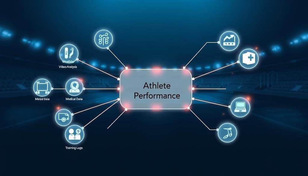 A sleek, modern diagram illustrating multi-source athlete data integration, featuring various data sources like wearables, video analysis, environmental sensors, medical data, and training logs. In the foreground, symbols representing each data source are interconnected with dynamic arrows, highlighting relationships and data flow. The middle layer showcases a central node labeled "Athlete Performance," surrounded by glowing lines that visually connect to the various data elements. The background includes subtle outlines of athletic venues and equipment, creating a context of sports performance. Use a cool color palette with subtle gradients, ensuring clear visibility. Soft, professional lighting emphasizes the diagram’s elements, giving a polished and engaging look that inspires excitement about data-driven sports analytics. A sleek, modern diagram illustrating multi-source athlete data integration, featuring various data sources like wearables, video analysis, environmental sensors, medical data, and training logs. In the foreground, symbols representing each data source are interconnected with dynamic arrows, highlighting relationships and data flow. The middle layer showcases a central node labeled "Athlete Performance," surrounded by glowing lines that visually connect to the various data elements. The background includes subtle outlines of athletic venues and equipment, creating a context of sports performance. Use a cool color palette with subtle gradients, ensuring clear visibility. Soft, professional lighting emphasizes the diagram’s elements, giving a polished and engaging look that inspires excitement about data-driven sports analytics.