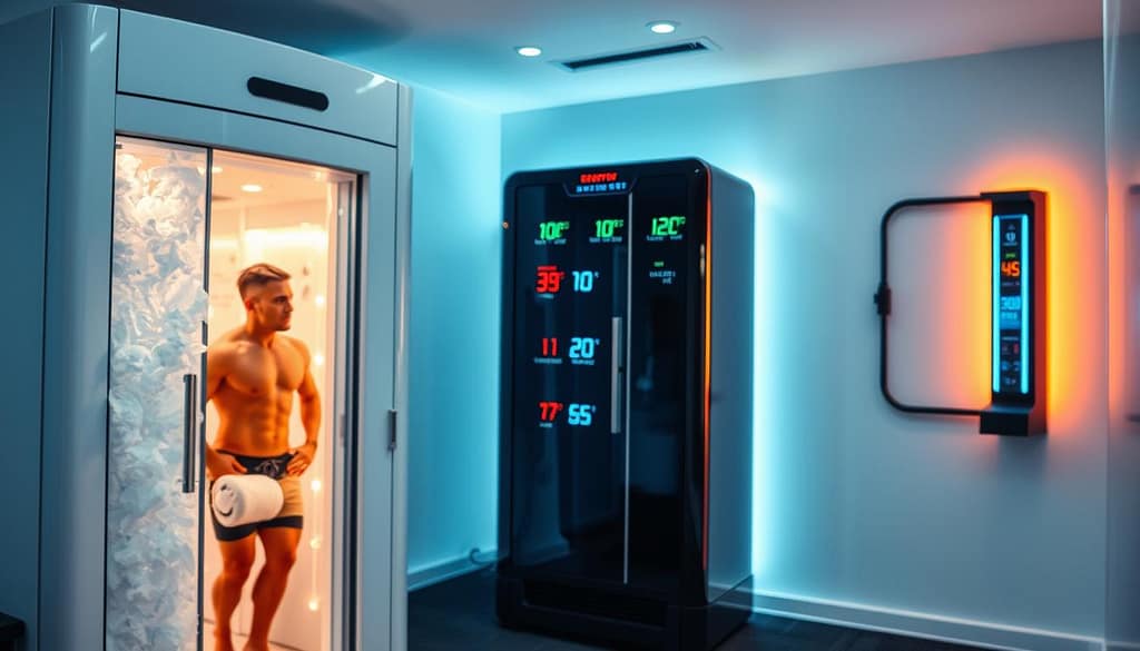 A sleek, modern fitness recovery facility featuring advanced thermal recovery technologies. In the foreground, a professional athlete wearing a fitted athletic outfit uses a cutting-edge cryotherapy chamber, with icy vapors swirling around them. In the middle ground, an innovative contrast therapy system combines hot and cold elements, displaying vibrant temperature indicators. Visible in the background is a wall-mounted targeted temperature control system, illuminated with soft blue and warm orange lights, creating a calming contrast. The atmosphere is high-tech and energizing, with sharp focus on the technologies while softly blurring the background. The lighting is bright yet soothing, emphasizing the sleek design of the facility and the application of advanced recovery methods. A sleek, modern fitness recovery facility featuring advanced thermal recovery technologies. In the foreground, a professional athlete wearing a fitted athletic outfit uses a cutting-edge cryotherapy chamber, with icy vapors swirling around them. In the middle ground, an innovative contrast therapy system combines hot and cold elements, displaying vibrant temperature indicators. Visible in the background is a wall-mounted targeted temperature control system, illuminated with soft blue and warm orange lights, creating a calming contrast. The atmosphere is high-tech and energizing, with sharp focus on the technologies while softly blurring the background. The lighting is bright yet soothing, emphasizing the sleek design of the facility and the application of advanced recovery methods.