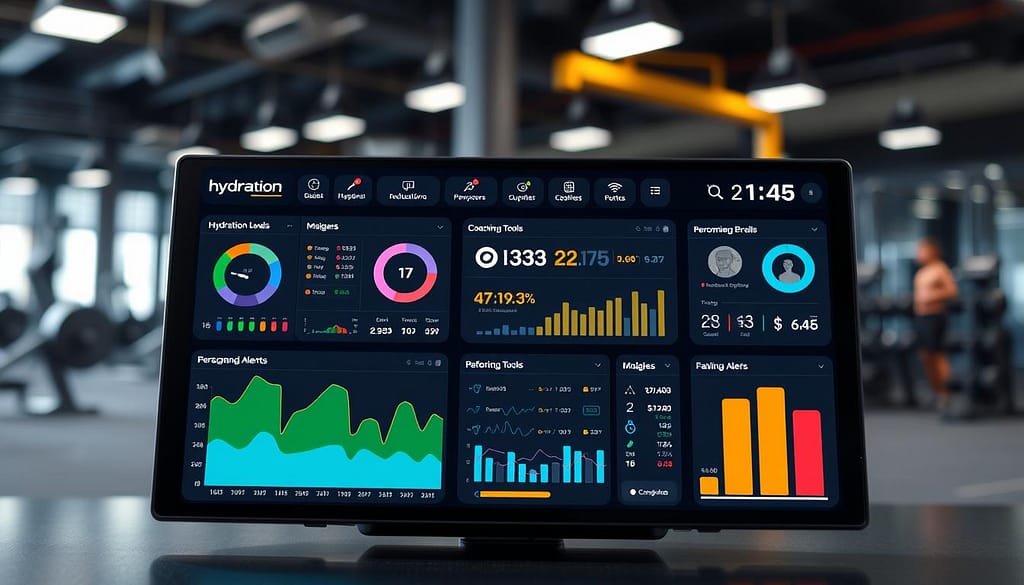 A sleek, modern hydration feedback system dashboard set in a high-tech environment, showcasing vibrant graphs, hydration levels, and real-time alerts. In the foreground, a user interface displays colorful visualizations of hydration data, personalized recommendations, and performance metrics. The middle features a seamless integration with coaching tools, reflecting detailed athlete profiles. The background includes blurred elements of a gym or training facility, hinting at athletic performance environments. Illuminated by soft, focused lighting, the dashboard exudes a professional, cutting-edge atmosphere, emphasizing precision and technology. Capture this scene with a digital lens perspective, highlighting the dashboard's intricate details while maintaining clarity and depth. A sleek, modern hydration feedback system dashboard set in a high-tech environment, showcasing vibrant graphs, hydration levels, and real-time alerts. In the foreground, a user interface displays colorful visualizations of hydration data, personalized recommendations, and performance metrics. The middle features a seamless integration with coaching tools, reflecting detailed athlete profiles. The background includes blurred elements of a gym or training facility, hinting at athletic performance environments. Illuminated by soft, focused lighting, the dashboard exudes a professional, cutting-edge atmosphere, emphasizing precision and technology. Capture this scene with a digital lens perspective, highlighting the dashboard's intricate details while maintaining clarity and depth.