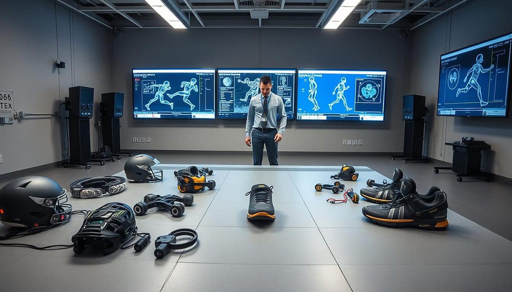 A state-of-the-art biomechanical testing lab featuring advanced sports gear in use. In the foreground, various sports equipment like helmets, shoes, and protective gear is laid out on a sleek, modern testing surface, with intricate sensors and data collection devices visible. The middle ground showcases a research scientist in professional attire, focused on evaluating the performance impact of the gear, while utilizing motion capture technology. In the background, large display screens present real-time biomechanical data and ergonomic assessments. Soft, even lighting enhances the lab's clinical feel, and a high-angle shot captures the dynamic environment, evoking a mood of innovation and dedication to athlete safety and performance enhancement. A state-of-the-art biomechanical testing lab featuring advanced sports gear in use. In the foreground, various sports equipment like helmets, shoes, and protective gear is laid out on a sleek, modern testing surface, with intricate sensors and data collection devices visible. The middle ground showcases a research scientist in professional attire, focused on evaluating the performance impact of the gear, while utilizing motion capture technology. In the background, large display screens present real-time biomechanical data and ergonomic assessments. Soft, even lighting enhances the lab's clinical feel, and a high-angle shot captures the dynamic environment, evoking a mood of innovation and dedication to athlete safety and performance enhancement.