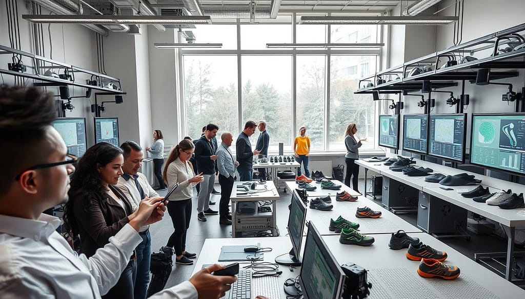 A state-of-the-art performance equipment design testing lab, bustling with activity. In the foreground, a diverse team of professionals in business attire is engaged in hands-on testing of ergonomic sports gear, utilizing biomechanics sensors and advanced measurement tools. In the middle ground, there are neatly arranged workstations filled with various prototypes, including footwear, protective gear, and athletic wear, each showing detailed charts and data analysis displayed on monitors. The background features a large window allowing natural light to flood the room, enhancing the vibrant atmosphere. The overall mood conveys innovation and teamwork, emphasizing human-centered design principles. Capture the scene with a slightly overhead angle, highlighting the collaborative spirit and technical detail, while retaining clarity and focus on the equipment and testing methodologies. A state-of-the-art performance equipment design testing lab, bustling with activity. In the foreground, a diverse team of professionals in business attire is engaged in hands-on testing of ergonomic sports gear, utilizing biomechanics sensors and advanced measurement tools. In the middle ground, there are neatly arranged workstations filled with various prototypes, including footwear, protective gear, and athletic wear, each showing detailed charts and data analysis displayed on monitors. The background features a large window allowing natural light to flood the room, enhancing the vibrant atmosphere. The overall mood conveys innovation and teamwork, emphasizing human-centered design principles. Capture the scene with a slightly overhead angle, highlighting the collaborative spirit and technical detail, while retaining clarity and focus on the equipment and testing methodologies.