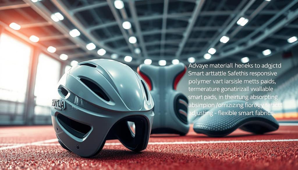 A visually striking image showcasing adaptive material technologies for smart safety equipment designed for athletes. In the foreground, display an advanced smart safety helmet made of a sleek, temperature-responsive polymer, highlighting its variable stiffness feature through dynamic material folds. In the middle ground, feature cutting-edge smart pads, illustrating energy absorption optimization, alongside flexible smart fabrics adjusting to a variety of impacts. The background should include an athletic setting, such as a modern training facility or a futuristic track, with bright, focused lighting that emphasizes the technological design. Use a low-angle perspective to convey a sense of innovation and power, creating an atmosphere of excitement and advancement in sports safety technology. No text or watermarks. A visually striking image showcasing adaptive material technologies for smart safety equipment designed for athletes. In the foreground, display an advanced smart safety helmet made of a sleek, temperature-responsive polymer, highlighting its variable stiffness feature through dynamic material folds. In the middle ground, feature cutting-edge smart pads, illustrating energy absorption optimization, alongside flexible smart fabrics adjusting to a variety of impacts. The background should include an athletic setting, such as a modern training facility or a futuristic track, with bright, focused lighting that emphasizes the technological design. Use a low-angle perspective to convey a sense of innovation and power, creating an atmosphere of excitement and advancement in sports safety technology. No text or watermarks.
