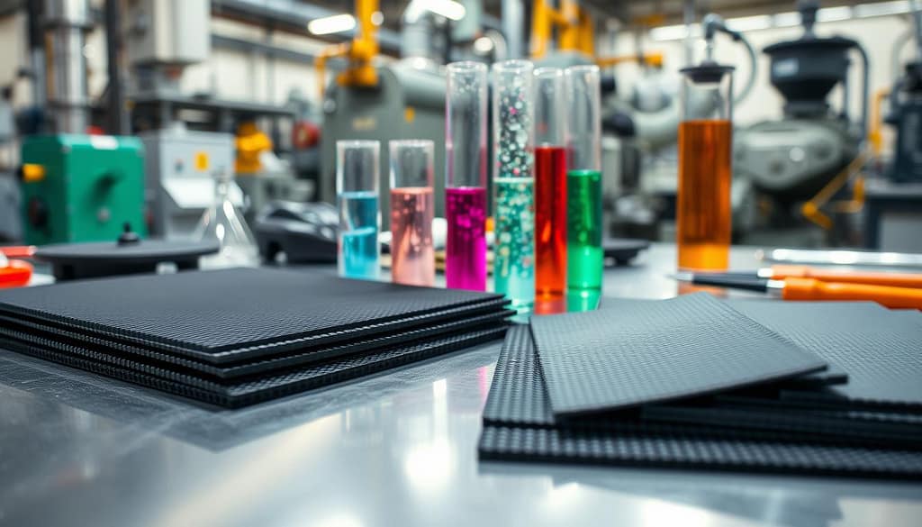 A close-up view of a laboratory setting showcasing the different thermoplastic materials: carbon fiber mixed with PA6, PP, and PEKK. The foreground features a sample of thermoplastic sheets on a clean, metallic workbench surrounded by tools and equipment. In the middle, include test tubes and beakers filled with colorful liquids representing various recycling processes like pyrolysis and solvolysis, with gentle bubbling effects. The background shows industrial machinery with soft focus, hinting at the high-tech recycling environment. The setting is illuminated by bright, clinical lighting, creating a mood of innovation and sustainability. Capture this scene from a slightly elevated angle, emphasizing the textures of the materials and the sleek, modern apparatus used in advanced recycling techniques. A close-up view of a laboratory setting showcasing the different thermoplastic materials: carbon fiber mixed with PA6, PP, and PEKK. The foreground features a sample of thermoplastic sheets on a clean, metallic workbench surrounded by tools and equipment. In the middle, include test tubes and beakers filled with colorful liquids representing various recycling processes like pyrolysis and solvolysis, with gentle bubbling effects. The background shows industrial machinery with soft focus, hinting at the high-tech recycling environment. The setting is illuminated by bright, clinical lighting, creating a mood of innovation and sustainability. Capture this scene from a slightly elevated angle, emphasizing the textures of the materials and the sleek, modern apparatus used in advanced recycling techniques.