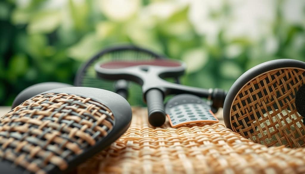 A close-up view of flax hemp fiber composites arranged in an artistic yet informative manner. In the foreground, showcase intricate textures of the composites, emphasizing their natural fibers and weaving patterns. In the middle ground, depict a few applications, including bike saddles, racket handles, and protective guards, displaying how these materials can form high-performance equipment. The background should feature an abstract representation of environmental sustainability, with soft green hues and blurred foliage to evoke a sense of nature. Use soft, even lighting to highlight the details of the textures, captured through a macro lens at a slight angle, creating depth and dimension. The overall mood should convey innovation and eco-friendliness, highlighting the strength and versatility of bio-based polymers and biocomposites. A close-up view of flax hemp fiber composites arranged in an artistic yet informative manner. In the foreground, showcase intricate textures of the composites, emphasizing their natural fibers and weaving patterns. In the middle ground, depict a few applications, including bike saddles, racket handles, and protective guards, displaying how these materials can form high-performance equipment. The background should feature an abstract representation of environmental sustainability, with soft green hues and blurred foliage to evoke a sense of nature. Use soft, even lighting to highlight the details of the textures, captured through a macro lens at a slight angle, creating depth and dimension. The overall mood should convey innovation and eco-friendliness, highlighting the strength and versatility of bio-based polymers and biocomposites.