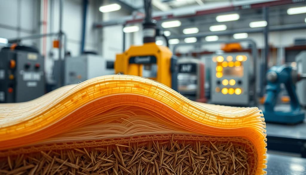 A close-up view of natural fiber reinforced polymer composites, showcasing intricate layers and textures of the biocomposite material. The foreground features a cross-section of the composite, highlighting the weave of natural fibers like hemp and flax within a transparent epoxy resin matrix. In the middle ground, display various tools and machines used for compression injection and thermoforming processes, such as a hydraulic press and mold setups, emphasizing a high-tech workspace. The background is filled with soft, diffused lighting highlighting the natural fibers' earthy tones, creating a professional and innovative atmosphere in the realm of sustainable materials. The image should avoid any text or annotations, focusing purely on the visual essence of biocomposite technology. A close-up view of natural fiber reinforced polymer composites, showcasing intricate layers and textures of the biocomposite material. The foreground features a cross-section of the composite, highlighting the weave of natural fibers like hemp and flax within a transparent epoxy resin matrix. In the middle ground, display various tools and machines used for compression injection and thermoforming processes, such as a hydraulic press and mold setups, emphasizing a high-tech workspace. The background is filled with soft, diffused lighting highlighting the natural fibers' earthy tones, creating a professional and innovative atmosphere in the realm of sustainable materials. The image should avoid any text or annotations, focusing purely on the visual essence of biocomposite technology.