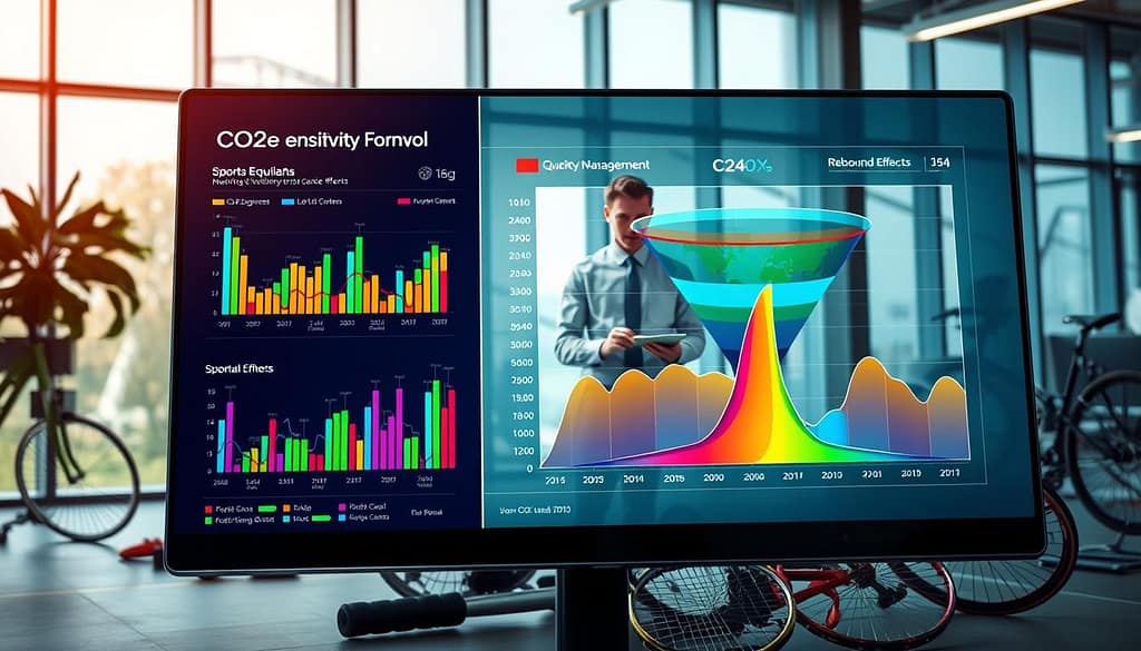 A detailed and visually striking illustration of a CO2e calculation process within a life cycle analysis context, featuring a sensitivity tornado chart that visually represents uncertainty and rebound effects. In the foreground, depict a sleek, modern digital dashboard displaying colorful graphs and data points, showcasing metrics related to sports equipment analysis. In the middle ground, include an engineer in professional business attire, intently examining the dashboard, surrounded by various sports equipment like tennis rackets and bicycles, representing different life cycle stages. The background should feature a well-lit, high-tech office environment with large windows, allowing natural light to flow in. The mood should be analytical and focused, emphasizing precision and efficiency in environmental assessments. The composition should convey a sense of innovation and sustainability. A detailed and visually striking illustration of a CO2e calculation process within a life cycle analysis context, featuring a sensitivity tornado chart that visually represents uncertainty and rebound effects. In the foreground, depict a sleek, modern digital dashboard displaying colorful graphs and data points, showcasing metrics related to sports equipment analysis. In the middle ground, include an engineer in professional business attire, intently examining the dashboard, surrounded by various sports equipment like tennis rackets and bicycles, representing different life cycle stages. The background should feature a well-lit, high-tech office environment with large windows, allowing natural light to flow in. The mood should be analytical and focused, emphasizing precision and efficiency in environmental assessments. The composition should convey a sense of innovation and sustainability.