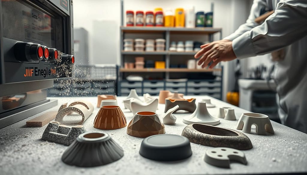 A detailed scene capturing the intricate process of post-processing MJF TPU parts. Foreground features a technician in professional attire, adjusting the settings of a bead blasting machine, with fine particles visibly swirling in the air. In the middle ground, several 3D-printed TPU parts are showcased on a workbench, revealing a diverse array of shapes, all exhibiting varying degrees of surface texture and finish. The background shows a clean, organized workshop with shelves stacked with recycled powder containers and tools for dyeing, smoothing, and annealing. Soft, focused lighting highlights the technician’s hands and the shiny surfaces of the parts, creating a harmonious atmosphere that emphasizes innovation and sustainability in sports prototyping. An angle from slightly above enhances depth, allowing the viewer to appreciate the workflow and tools involved. A detailed scene capturing the intricate process of post-processing MJF TPU parts. Foreground features a technician in professional attire, adjusting the settings of a bead blasting machine, with fine particles visibly swirling in the air. In the middle ground, several 3D-printed TPU parts are showcased on a workbench, revealing a diverse array of shapes, all exhibiting varying degrees of surface texture and finish. The background shows a clean, organized workshop with shelves stacked with recycled powder containers and tools for dyeing, smoothing, and annealing. Soft, focused lighting highlights the technician’s hands and the shiny surfaces of the parts, creating a harmonious atmosphere that emphasizes innovation and sustainability in sports prototyping. An angle from slightly above enhances depth, allowing the viewer to appreciate the workflow and tools involved.